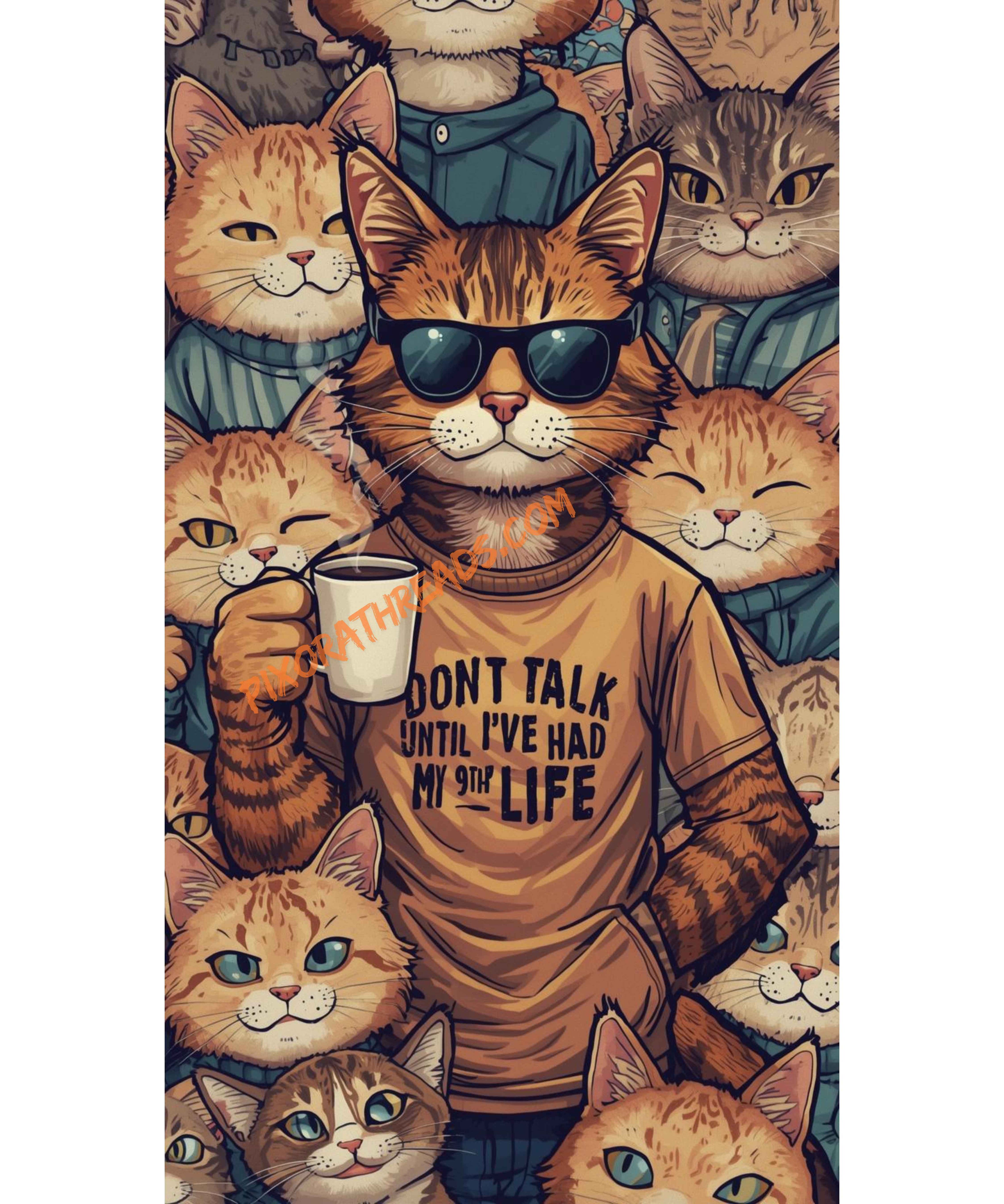 A stylish tabby cat in sunglasses holds a coffee mug with a humorous phrase about mornings.