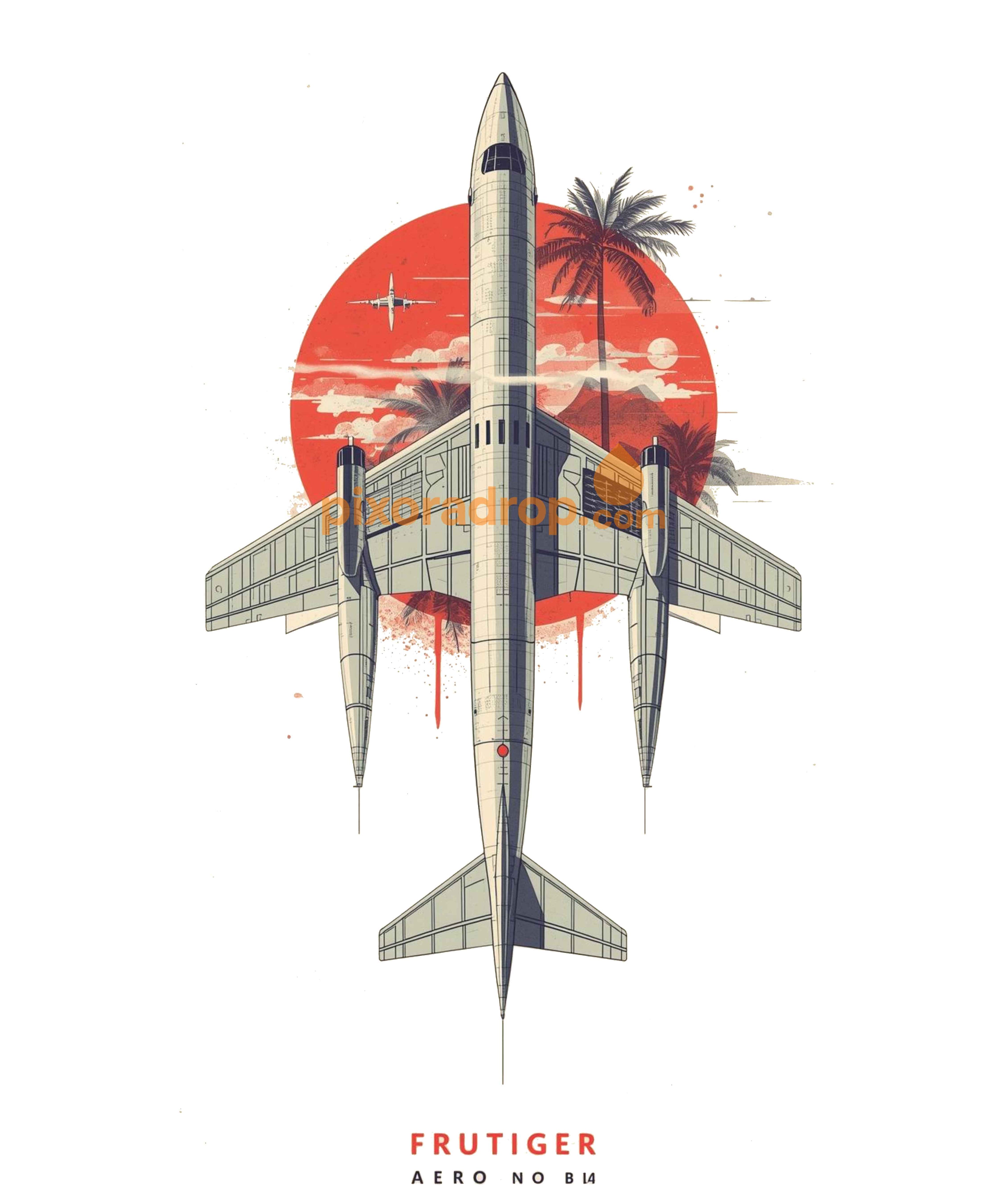 Digital illustration of a futuristic airplane with palm trees and a sunset backdrop.
