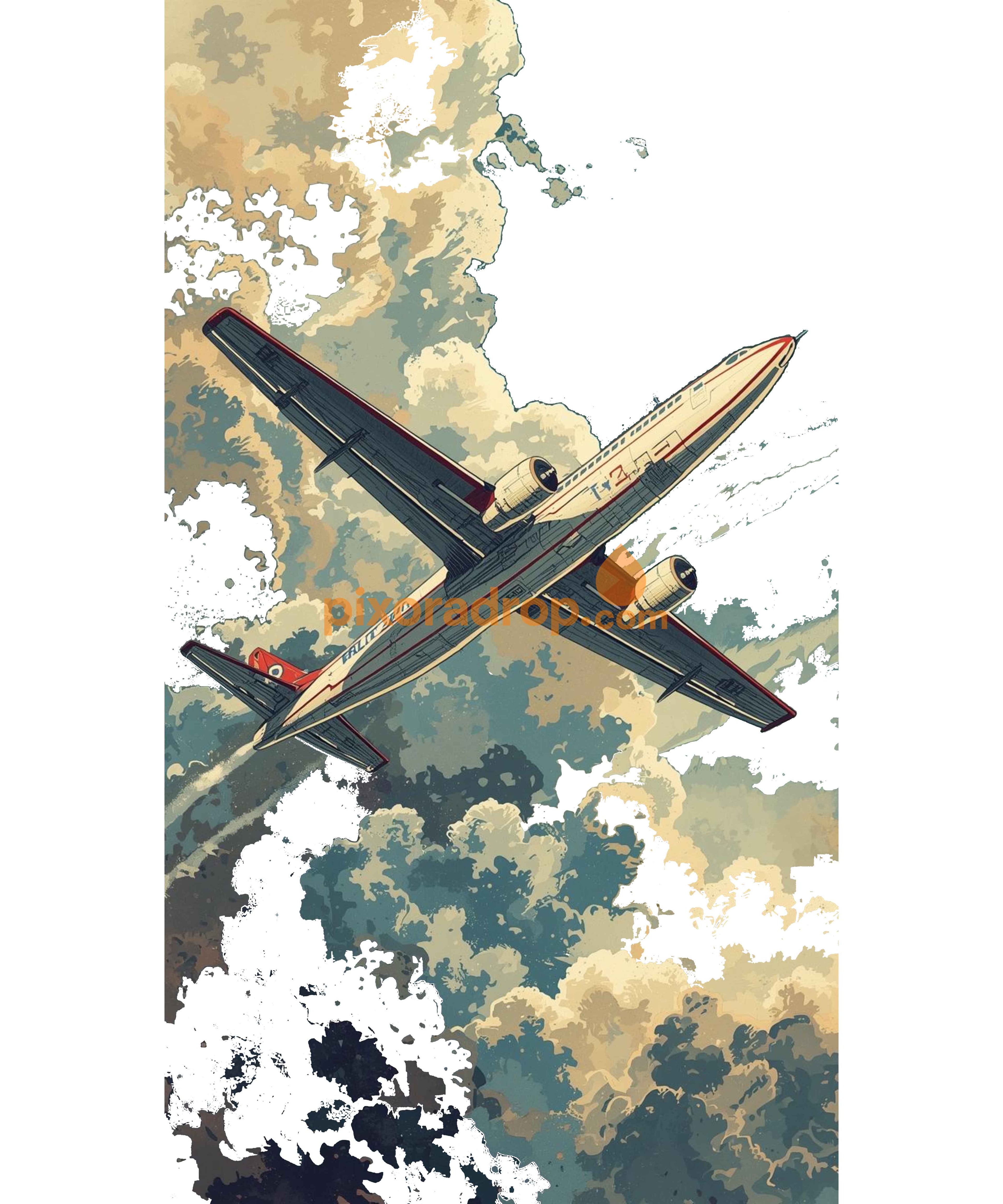 Illustration of an airplane flying through cloudy skies with a vintage style.