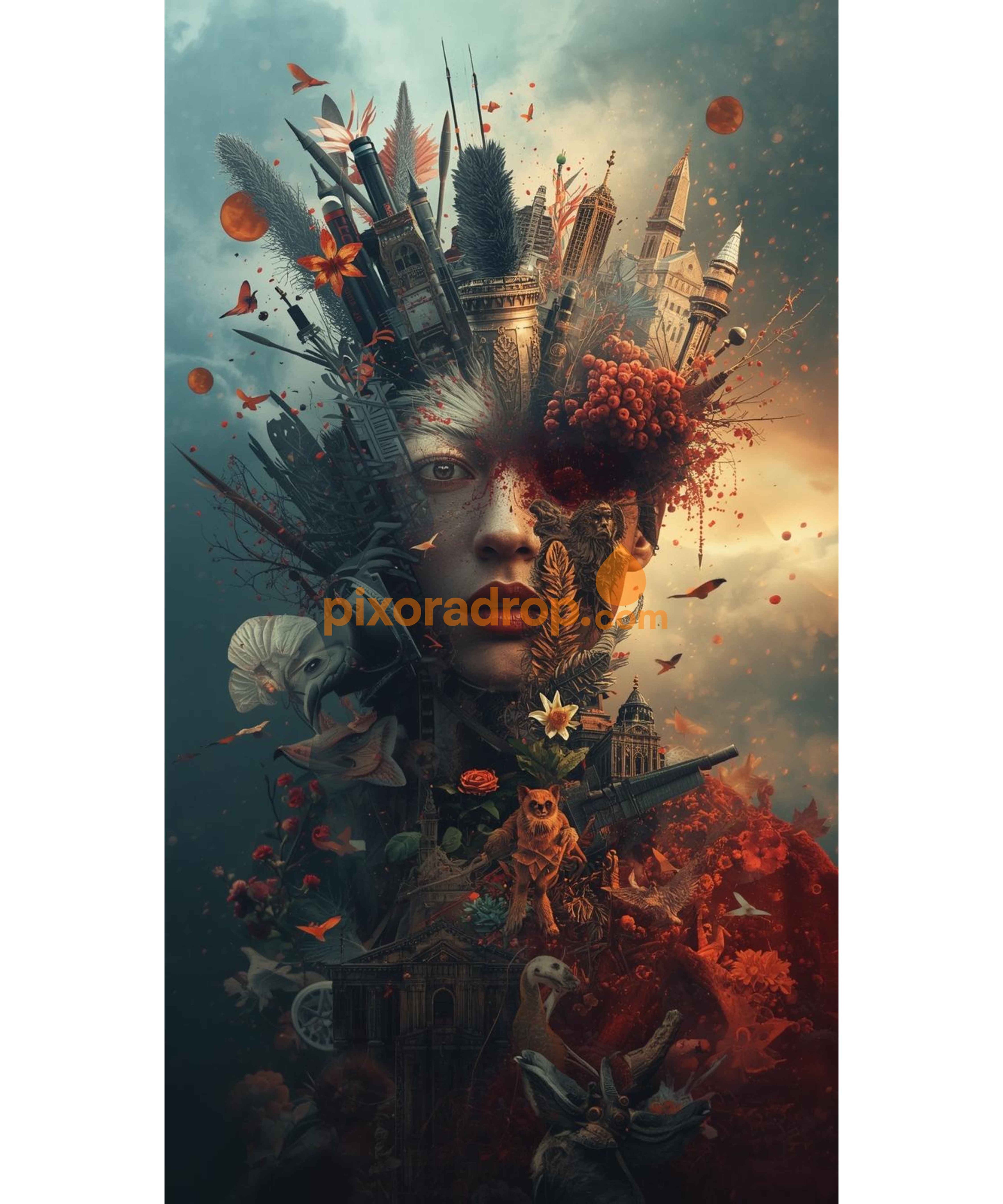 Surreal digital art with castles, animals, and flowers in a dramatic, colorful composition