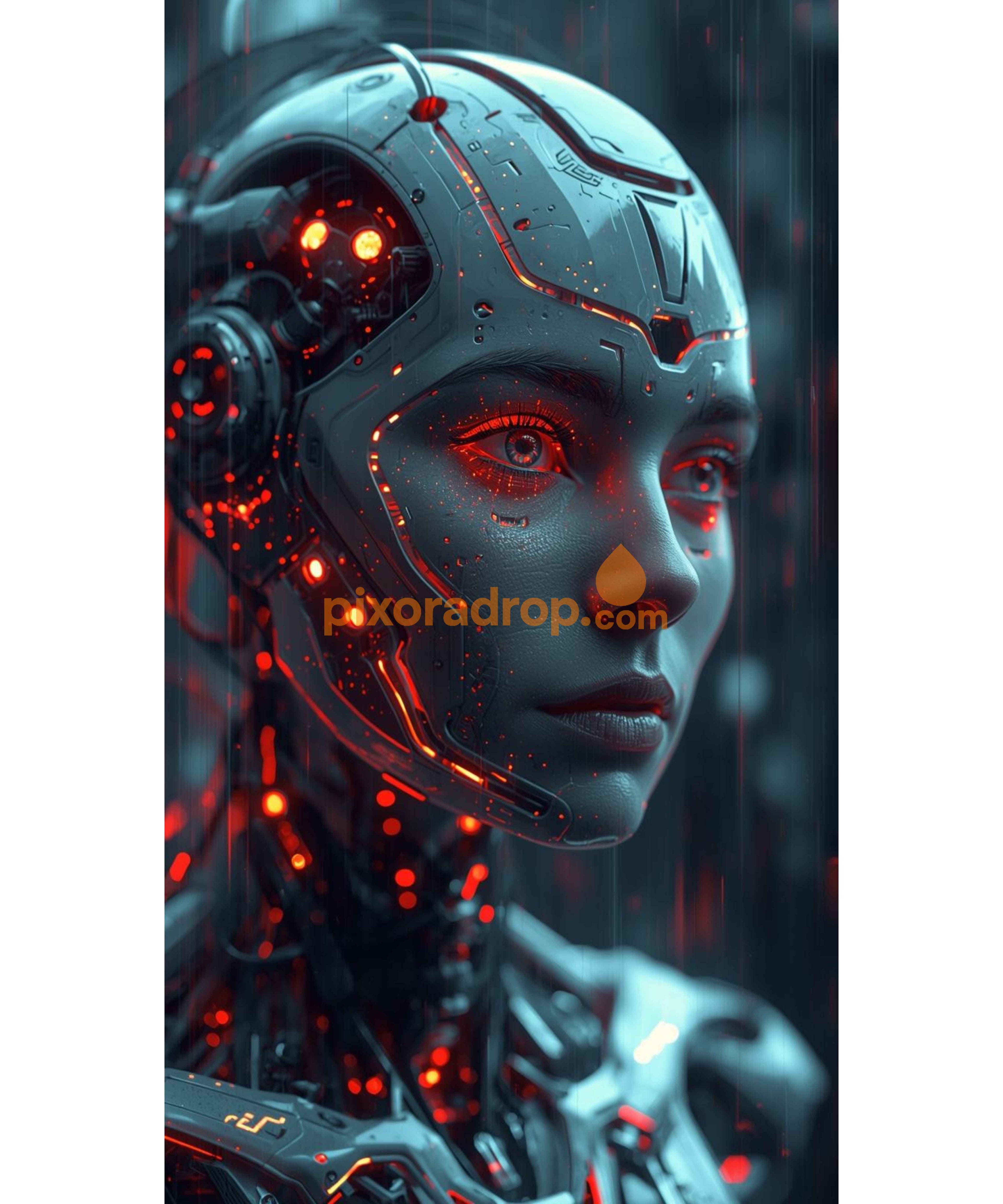 A futuristic robot head with glowing red accents and intricate metallic details.