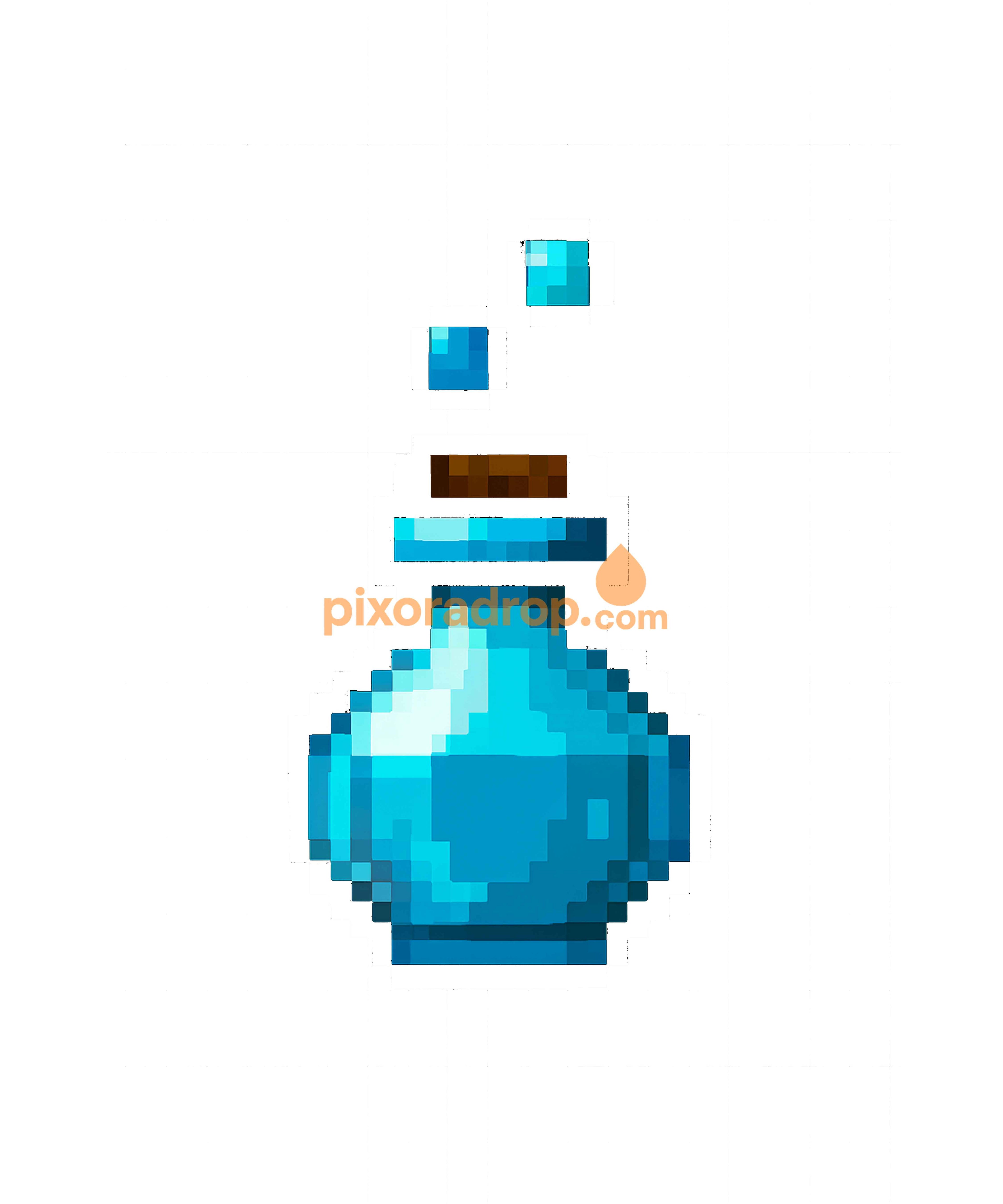 Pixelated blue potion bottle with two floating blue droplets above it.