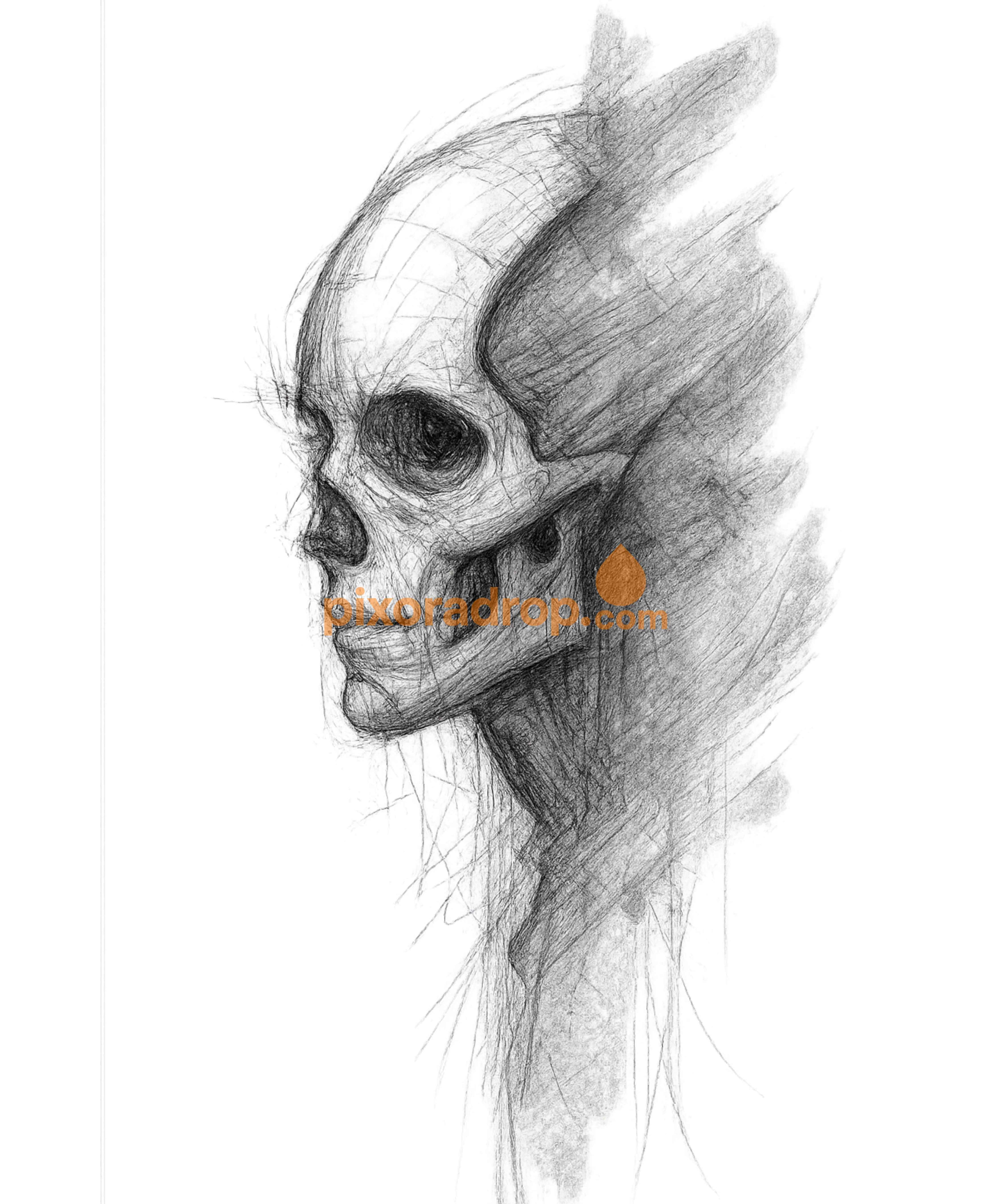 A detailed sketch of a human skull in profile view with shading and fine lines.