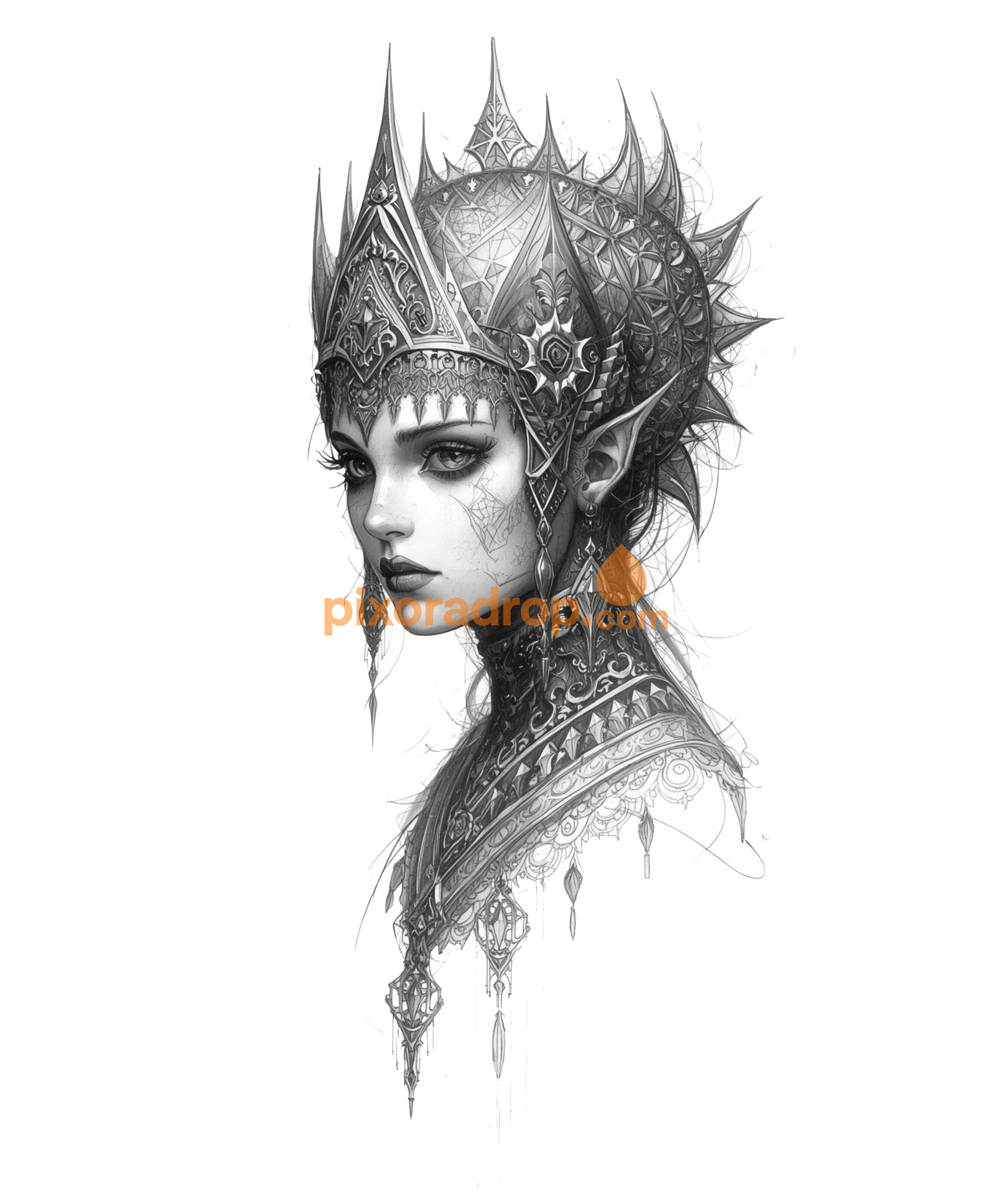 Intricate digital art of a crowned figure with detailed armor and elongated ears in grayscale.