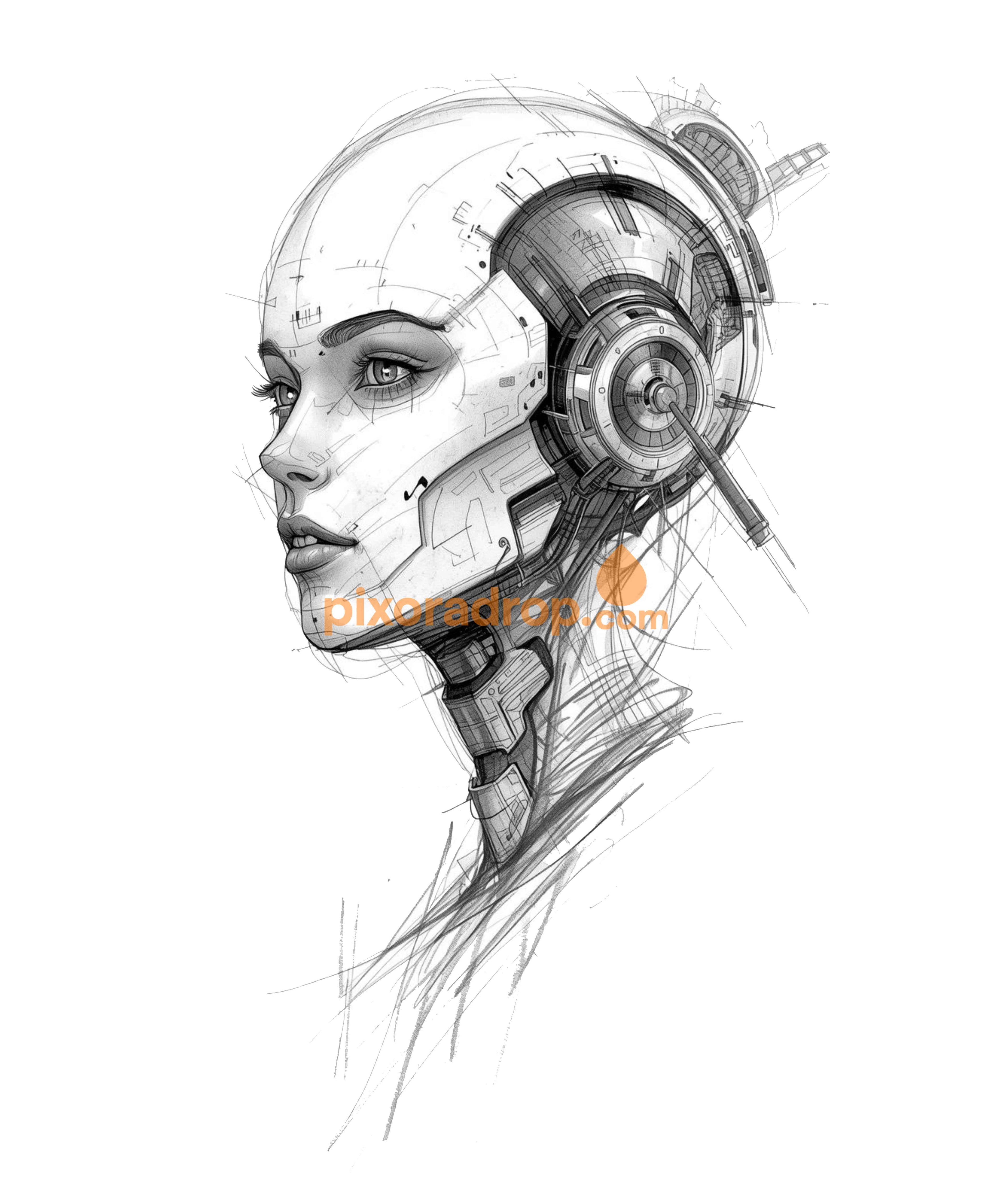 Digital sketch of a futuristic mechanical ear with detailed gears and lines.