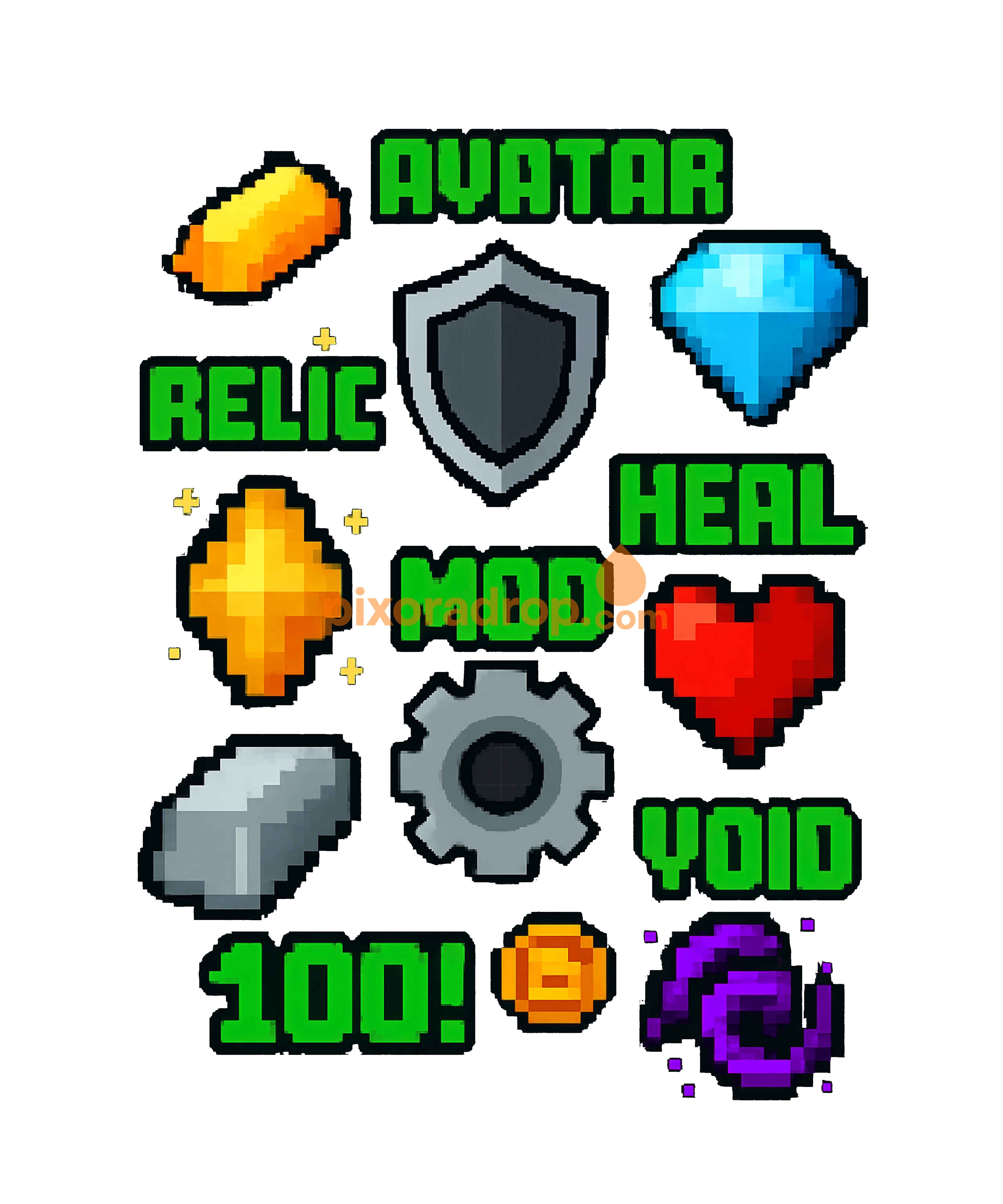 Pixel art icons including shield, gem, heart, gear, and text labels like Avatar and Heal.