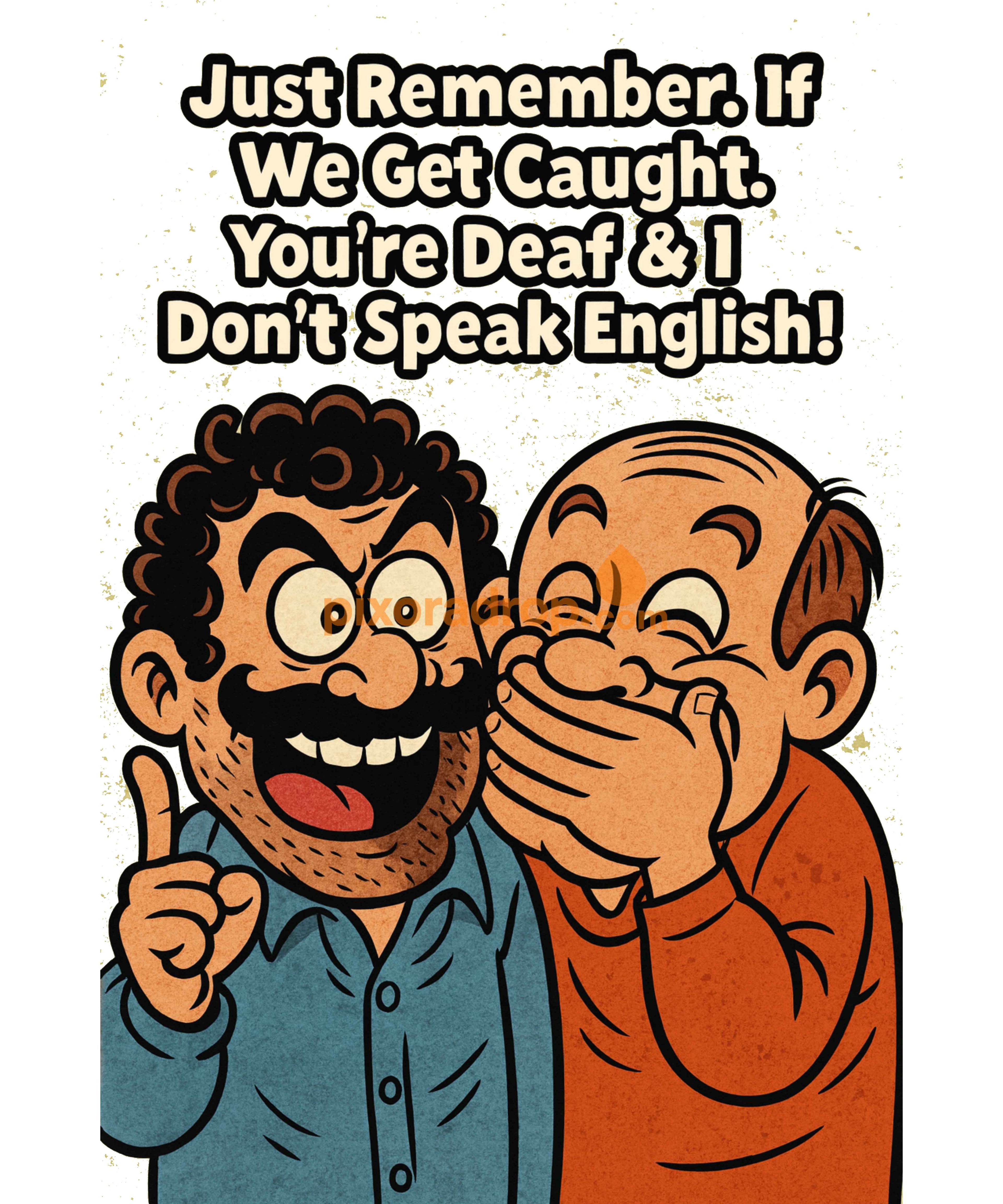 Two laughing men with text saying if caught, one is deaf and the other doesn't speak English.