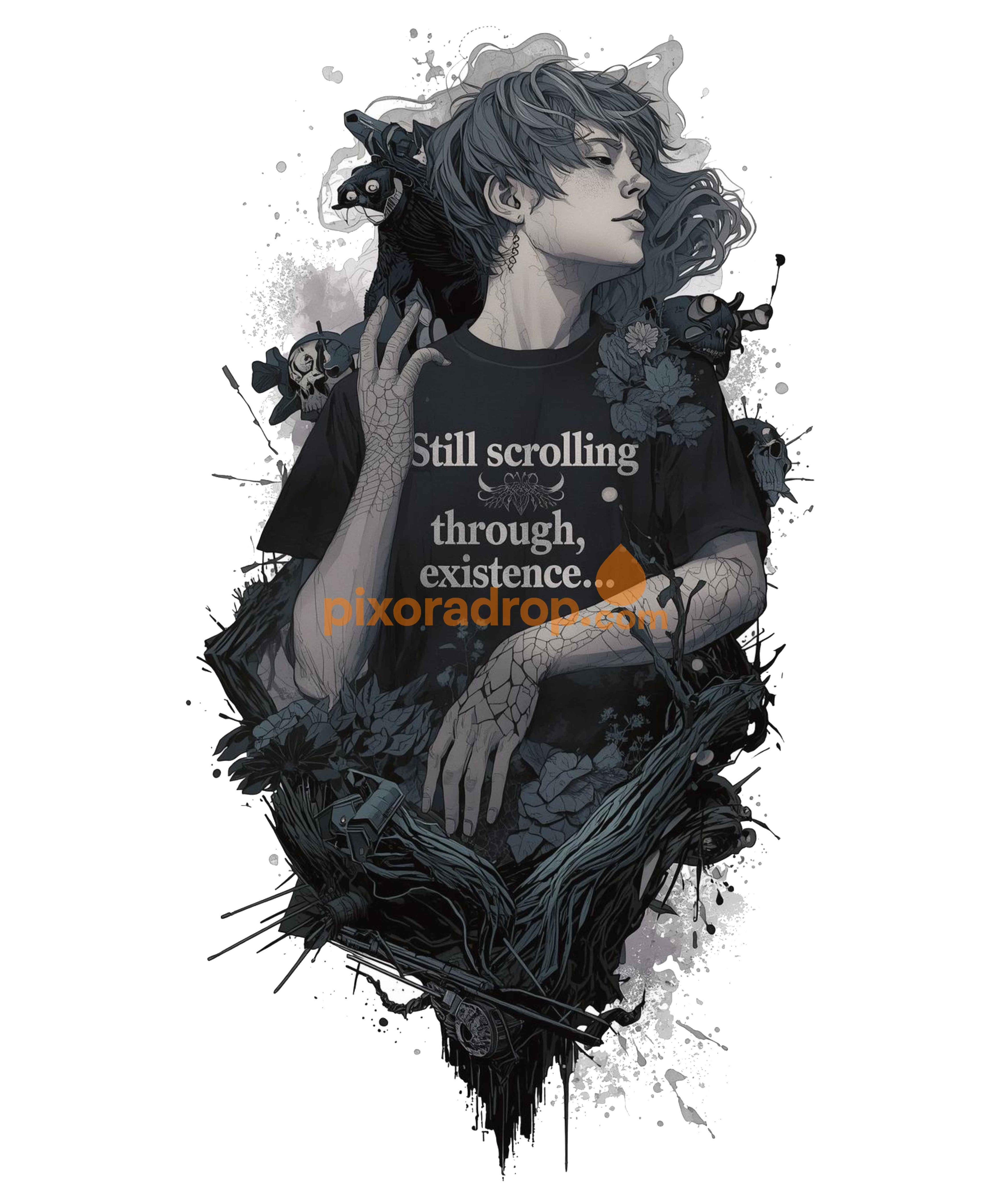 Person wearing a black shirt with "Still scrolling through existence" text surrounded by dark artistic elements