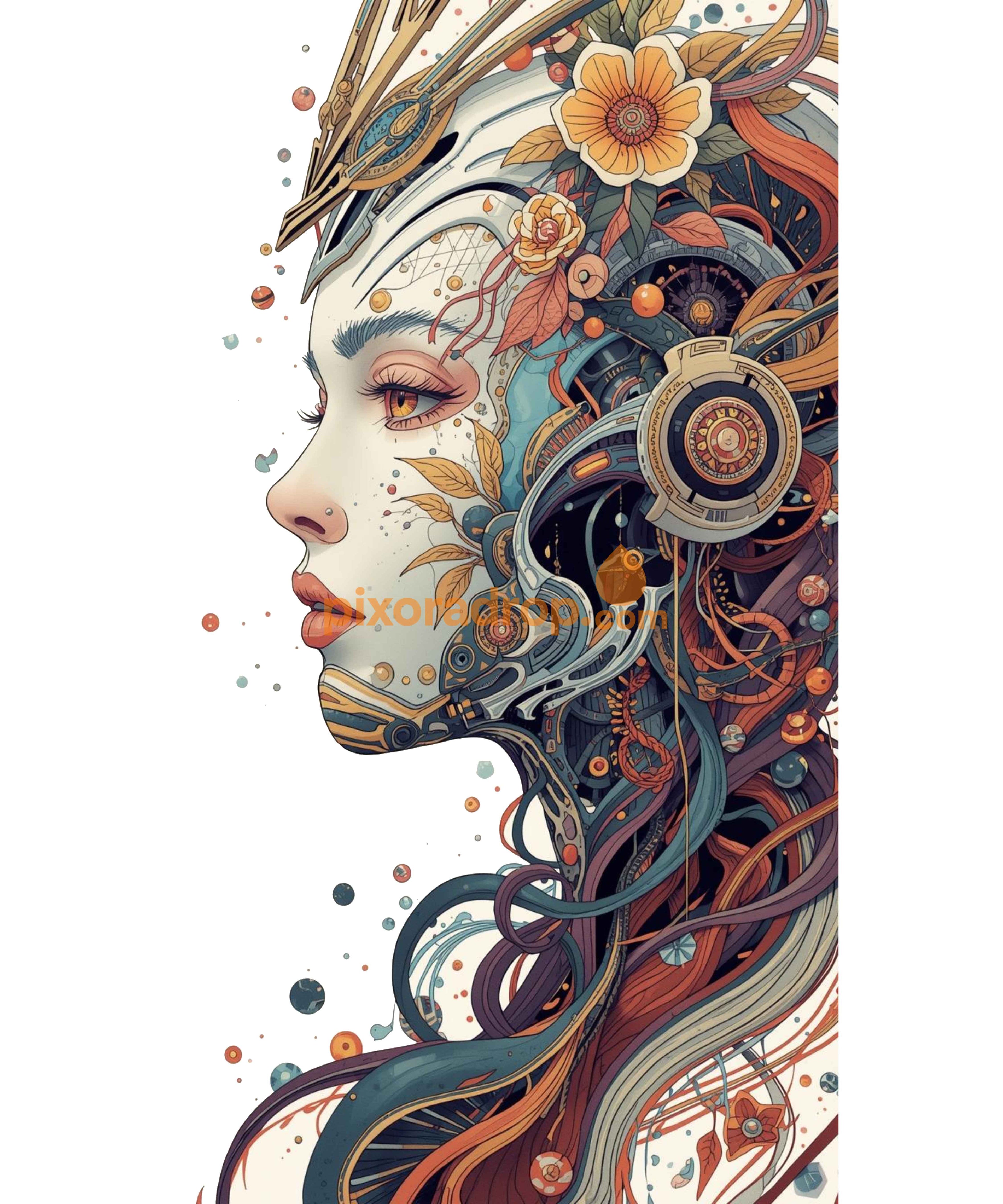 Colorful digital art featuring flowing lines, floral elements, and abstract shapes.