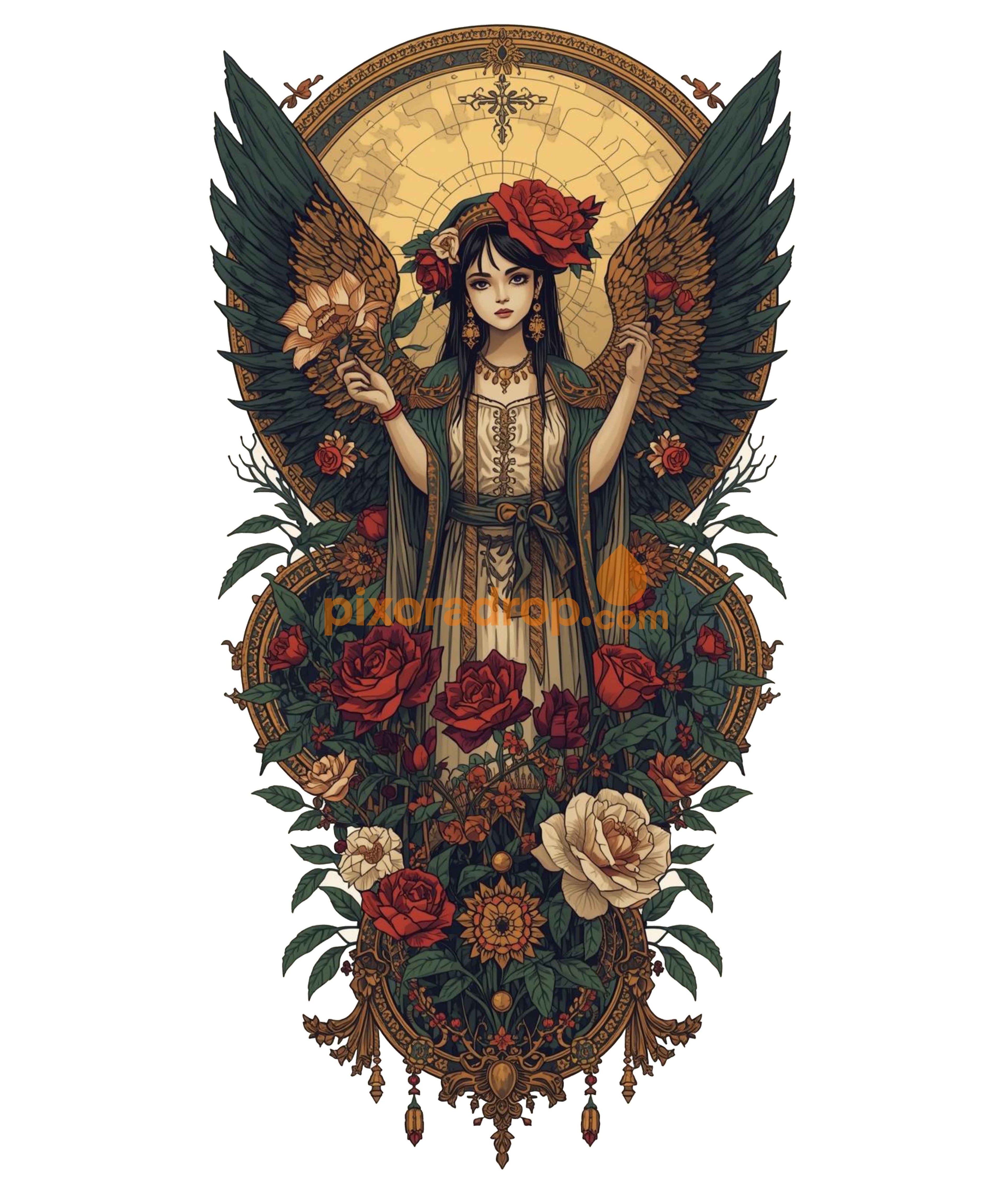 Winged figure surrounded by roses and ornate circular designs in vintage style artwork