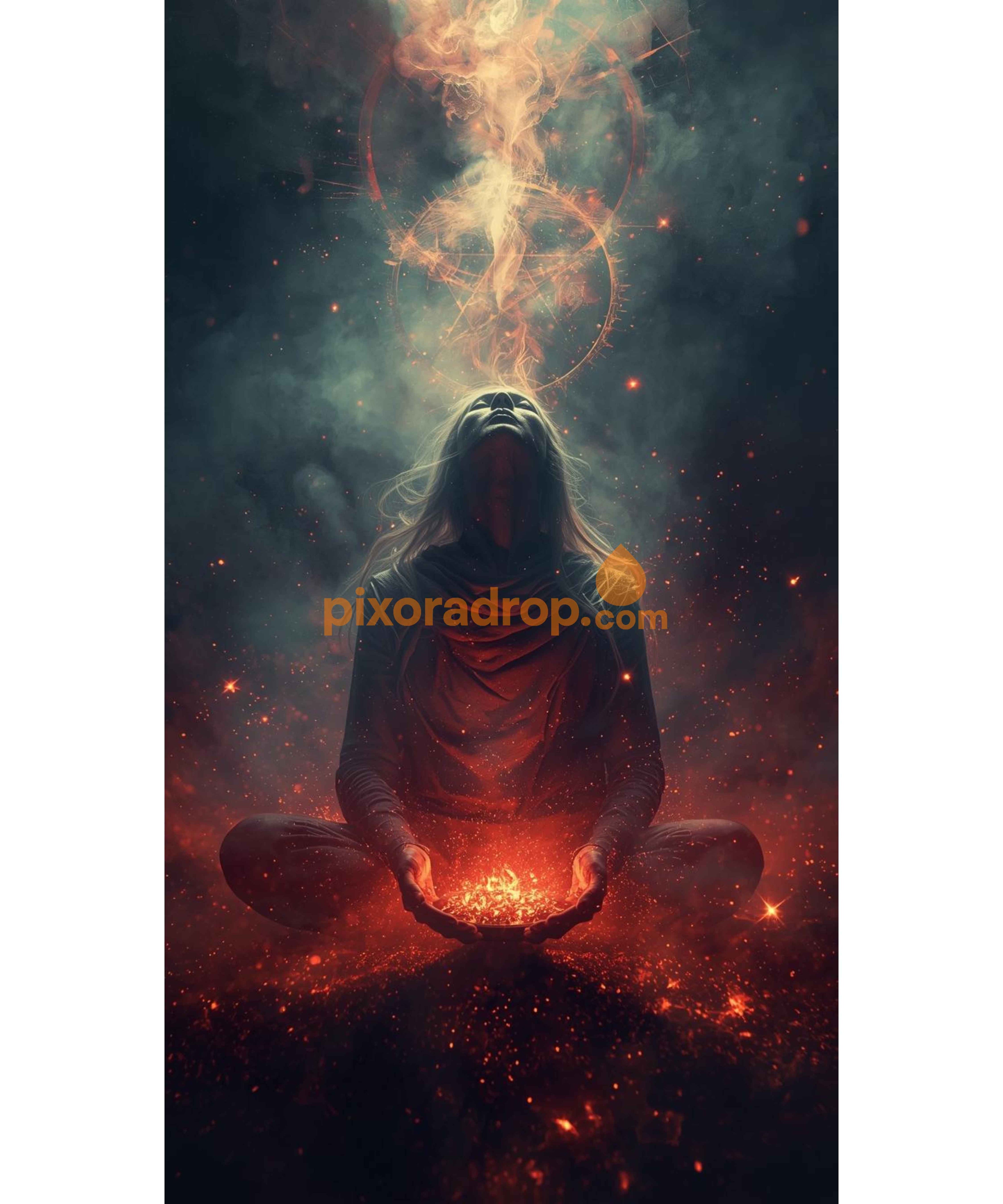A mystical figure meditating with glowing energy swirling above, set against a dark background.