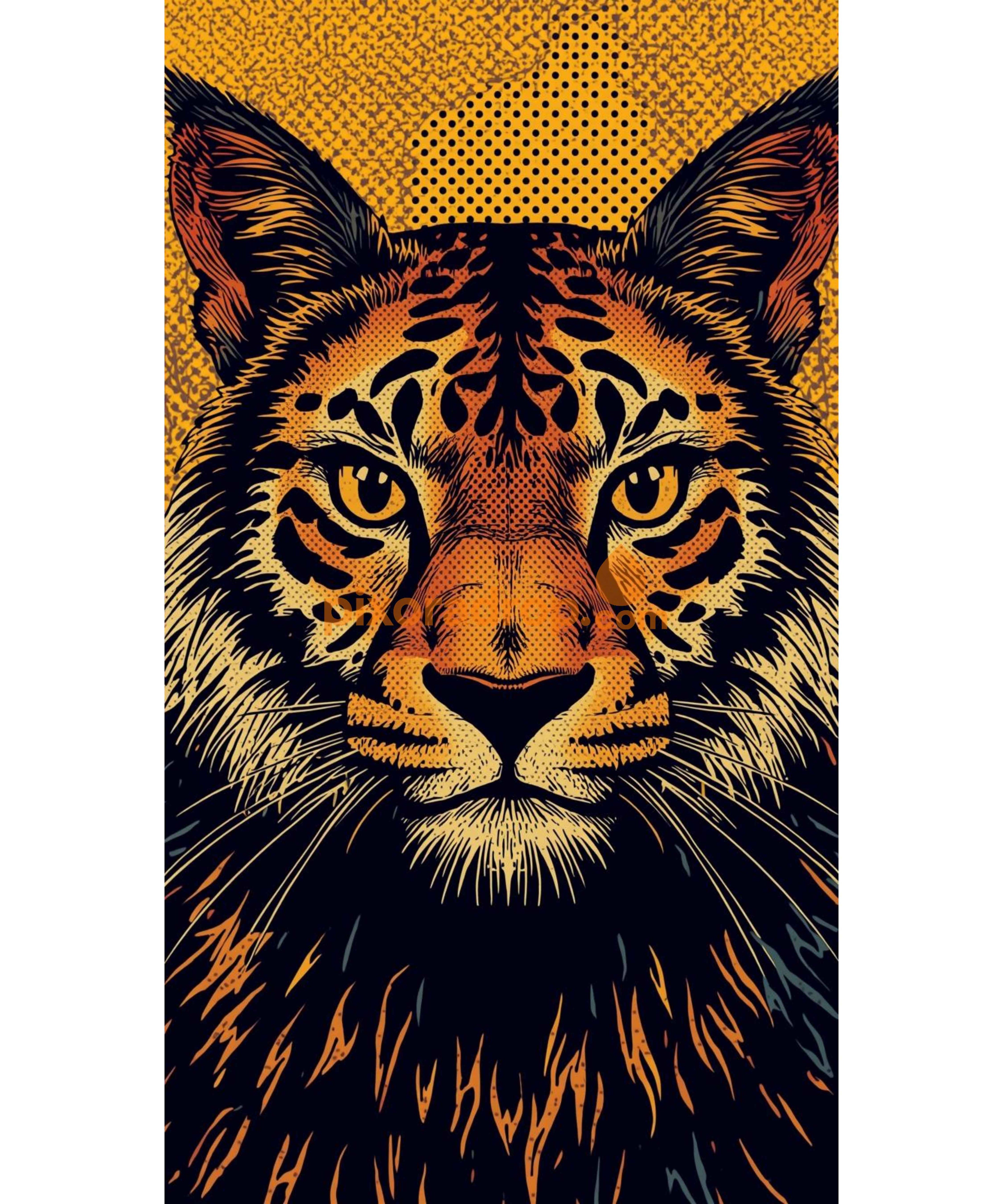 Illustration of a tiger's face with intricate details and a bold orange background.