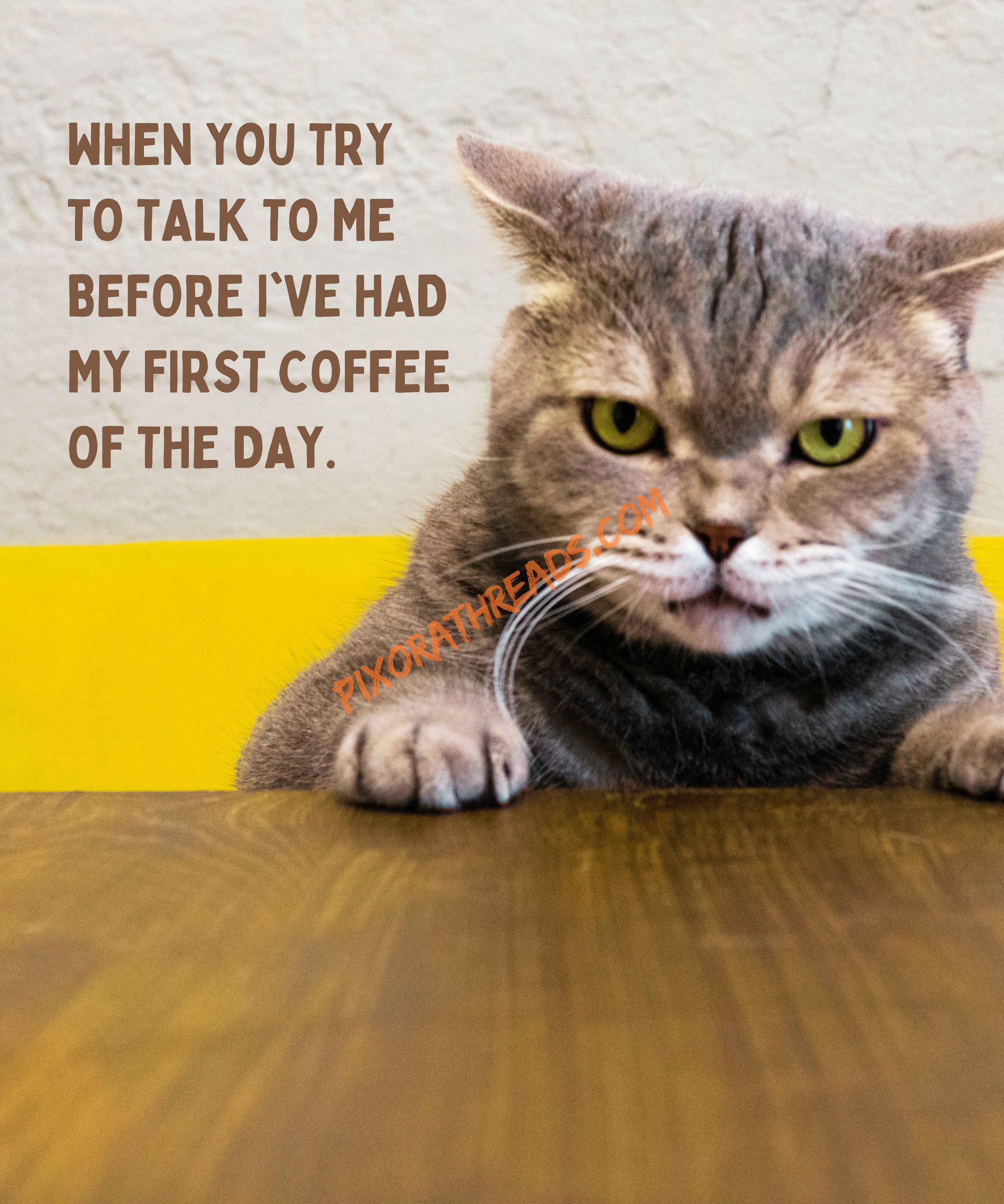 Digital art of a coffee meme featuring humorous text on a transparent background.