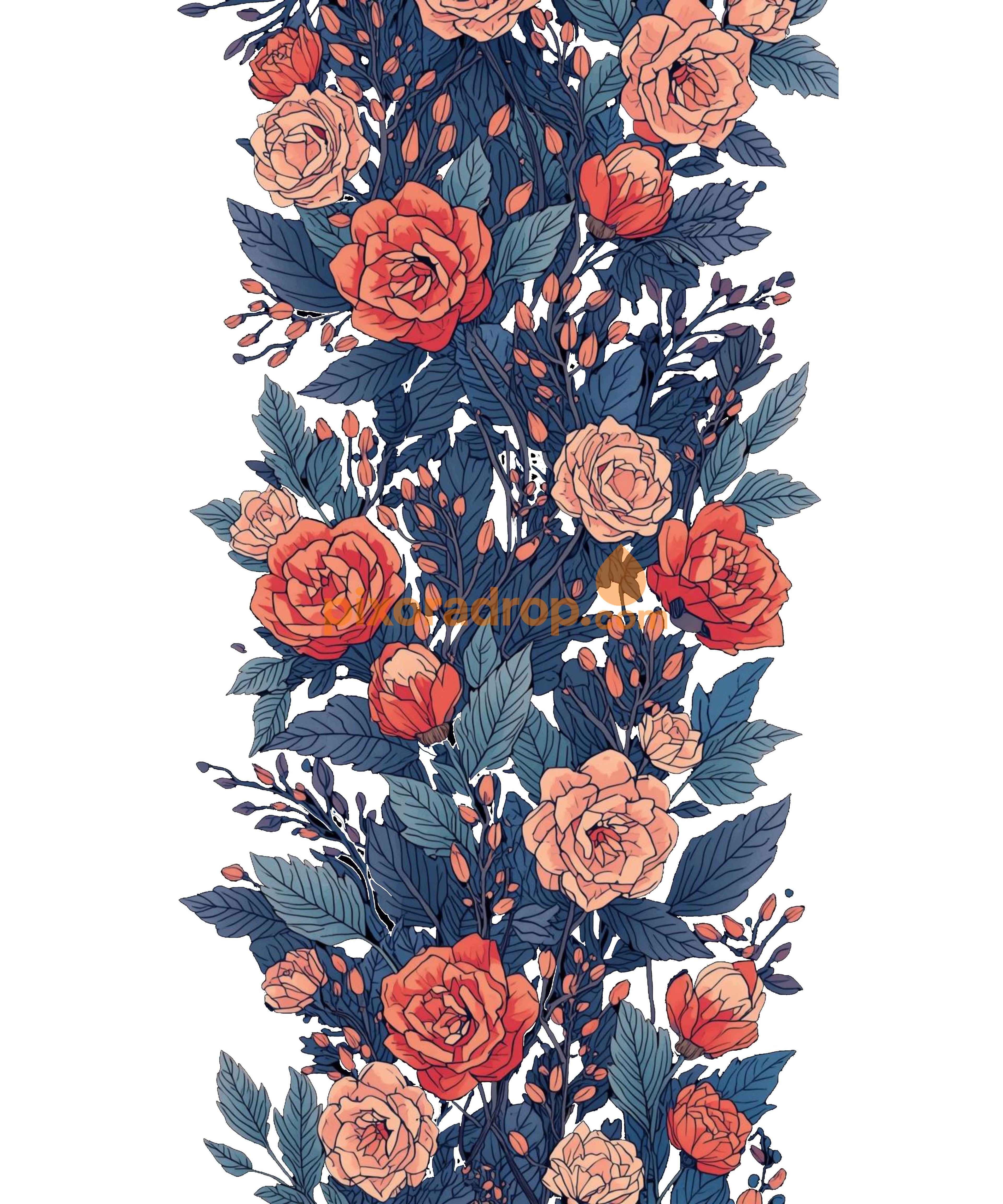 A floral pattern featuring roses and leaves in vibrant colors on a dark background.