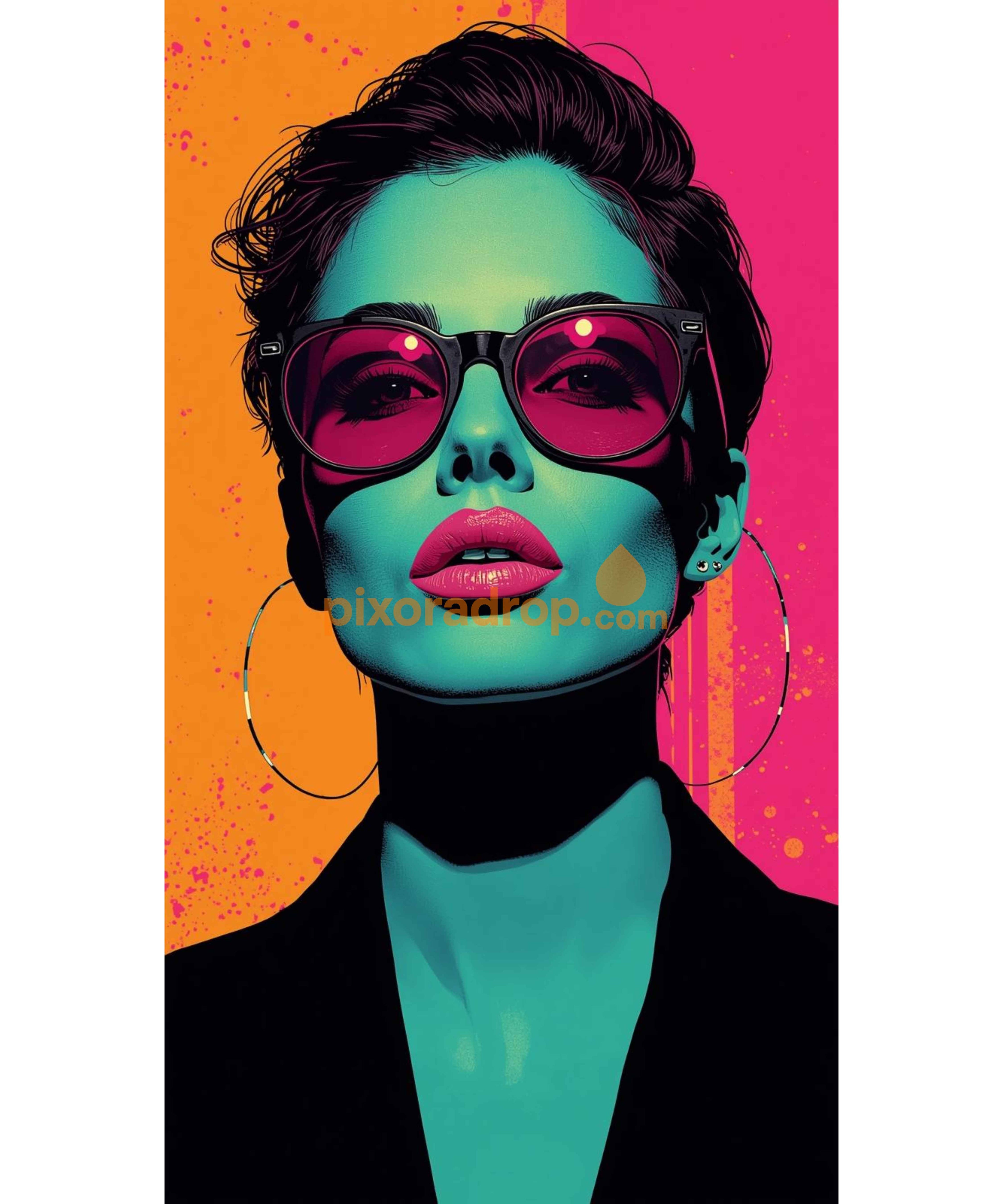 Digital art portrait with teal skin, large hoop earrings, and a black jacket on orange and pink background.