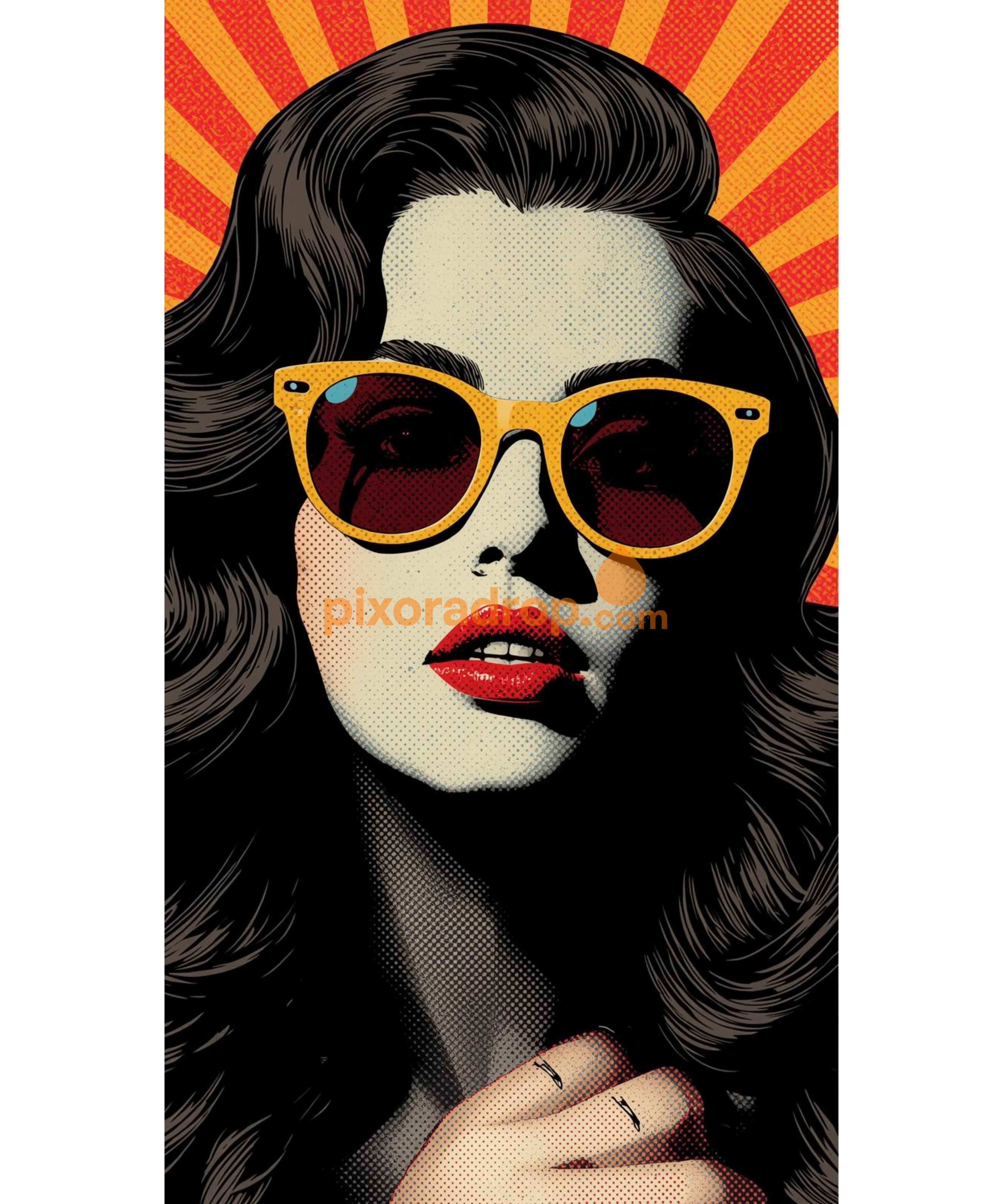 A vibrant digital artwork featuring a woman with long hair and stylish yellow glasses.