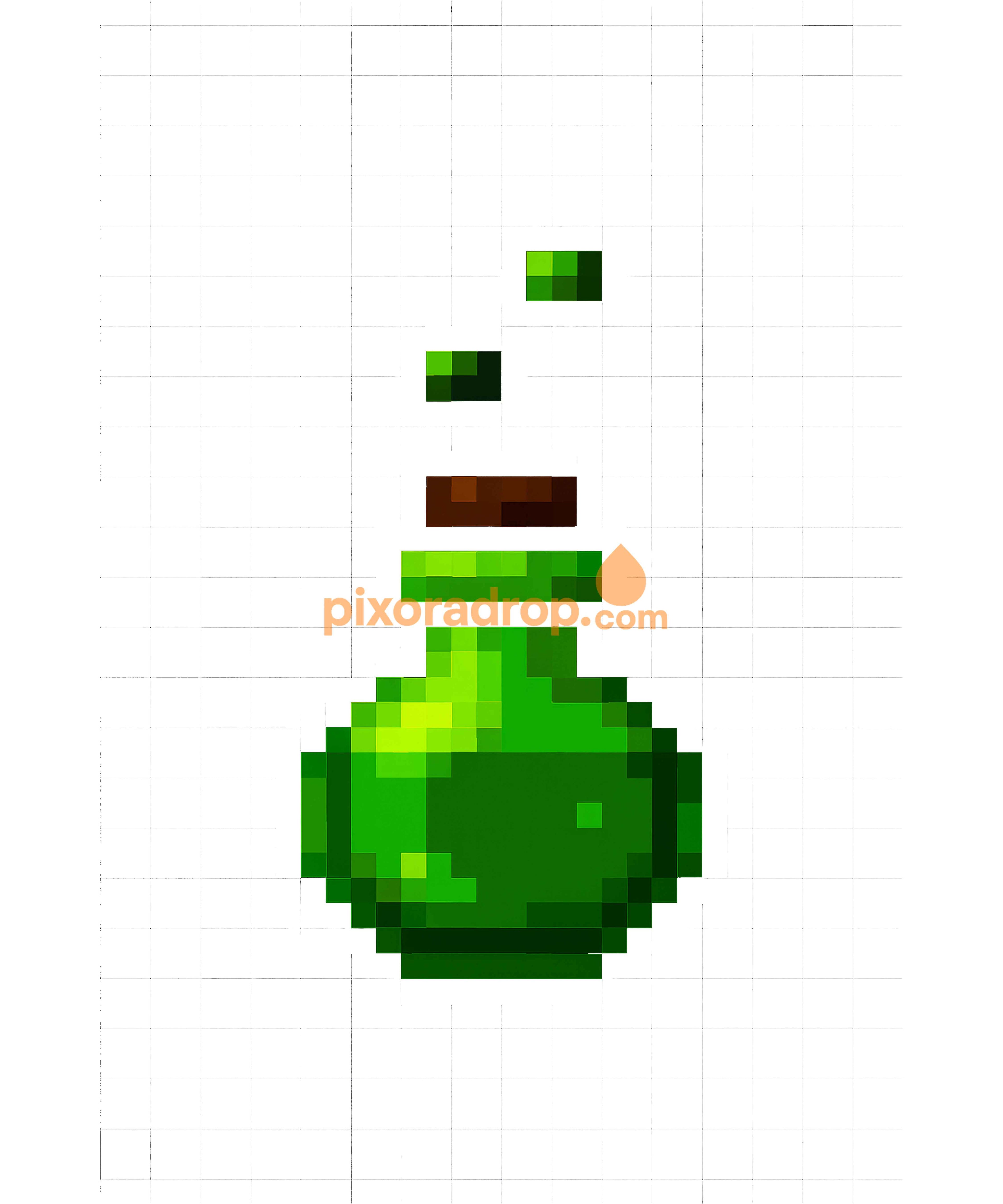 Pixelated green potion bottle with cork and floating green particles above it