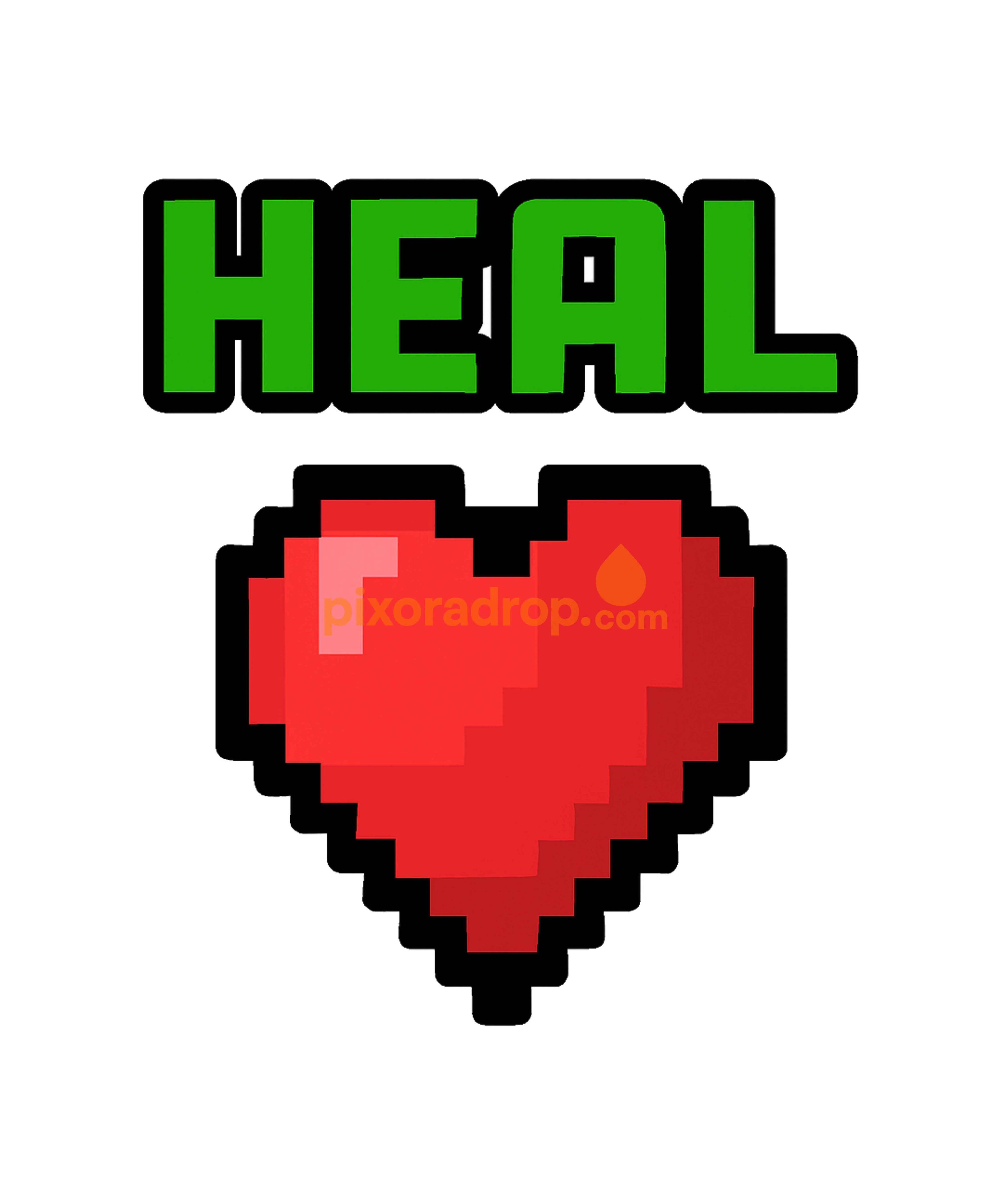 Pixel art design featuring the word "HEAL" above a red heart.