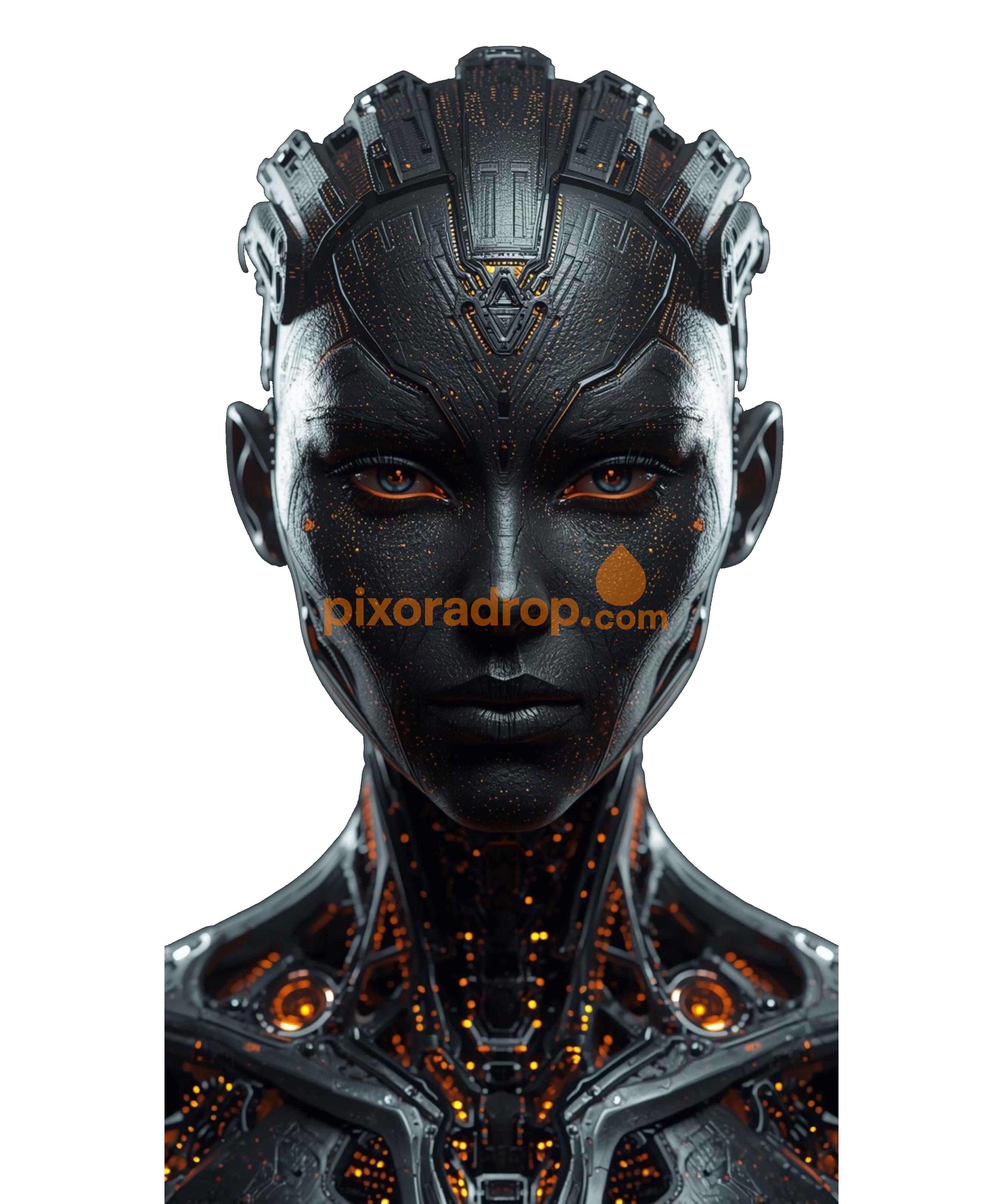 Futuristic robotic figure with intricate mechanical details and glowing orange lights.