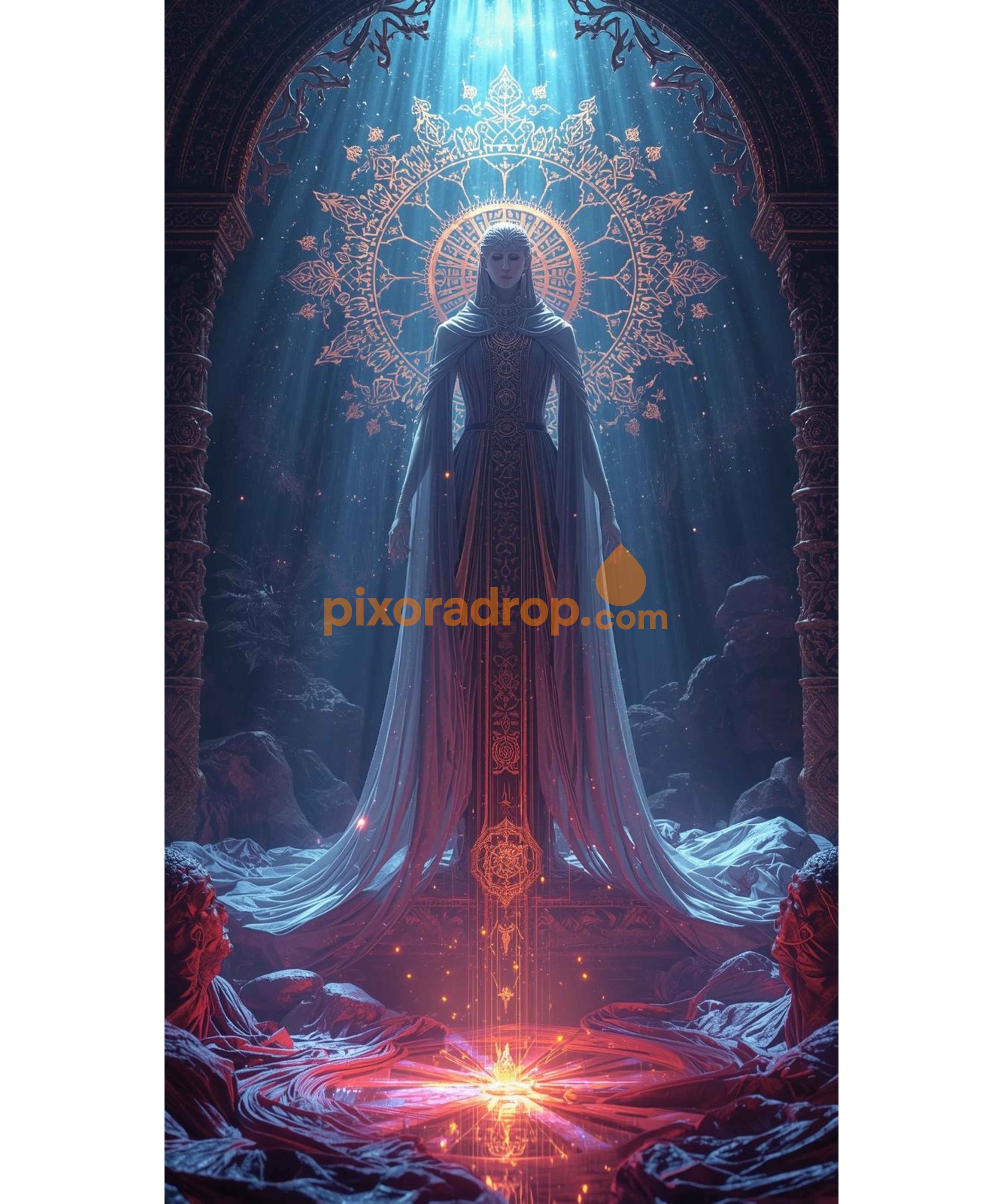 A dramatic figure in a flowing robe stands against an ornate, illuminated backdrop.