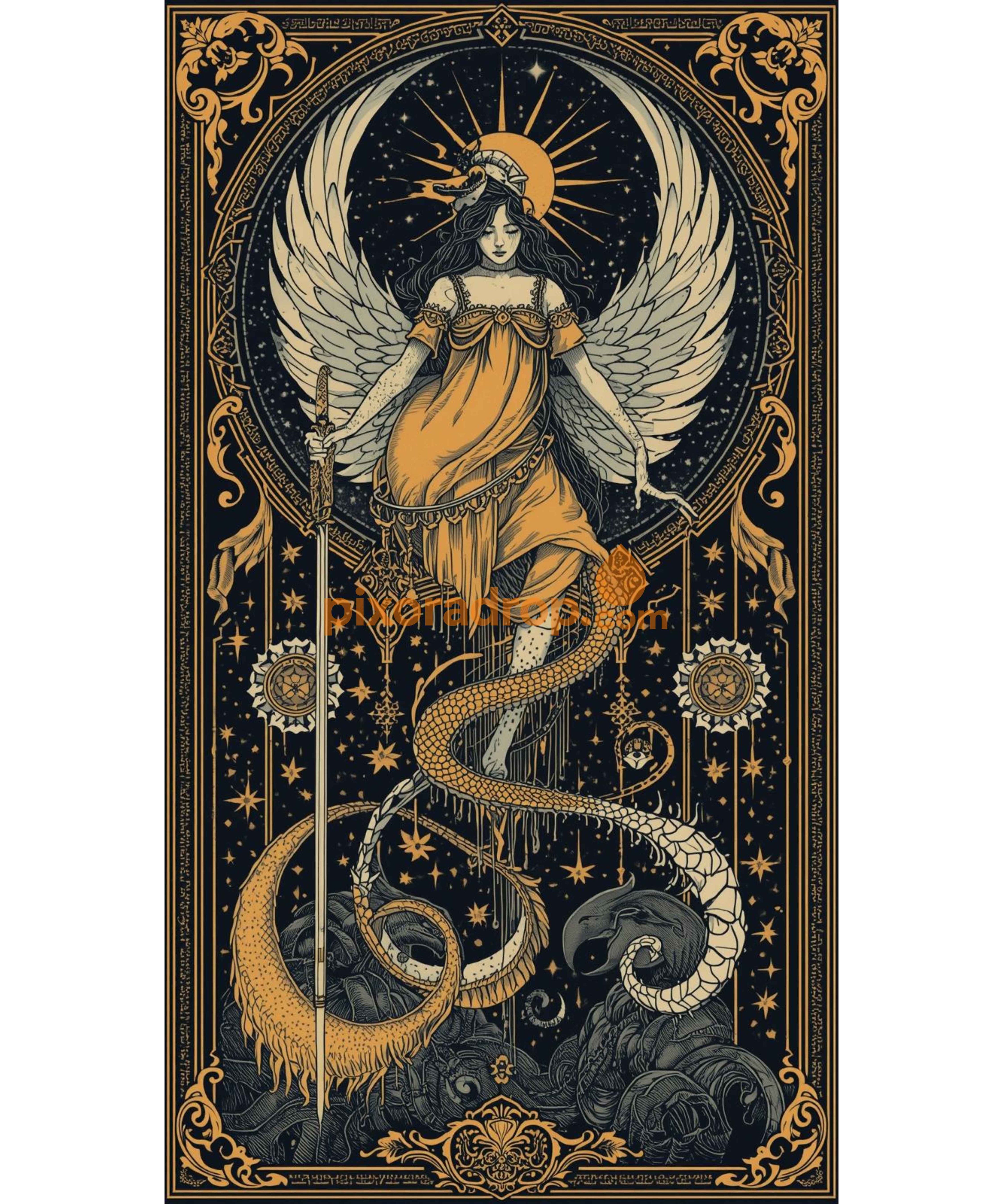 Angel with wings and a snake wrapped around a sword in a dark ornate frame