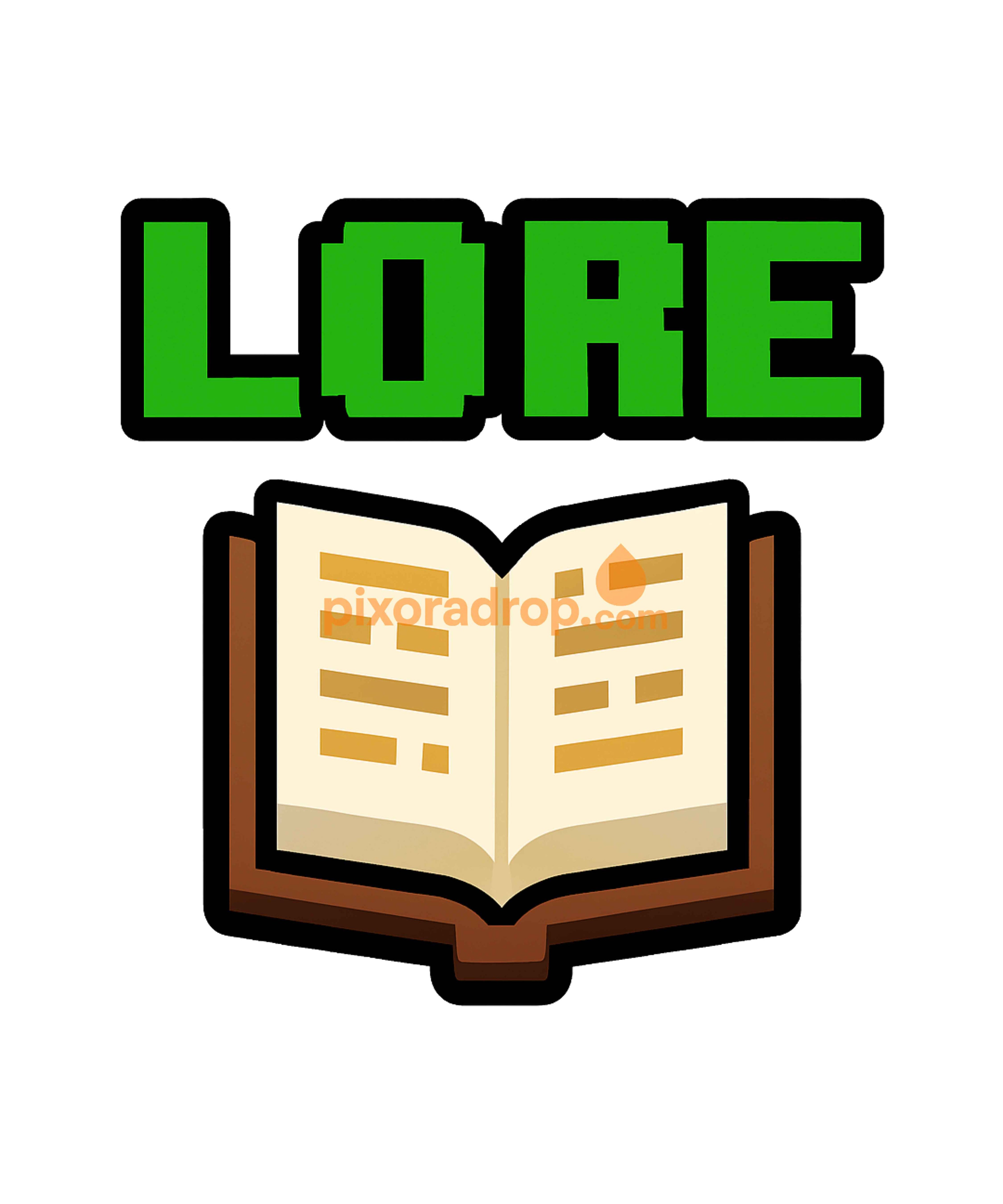 Open book graphic with the word "LORE" in bold green letters above it.