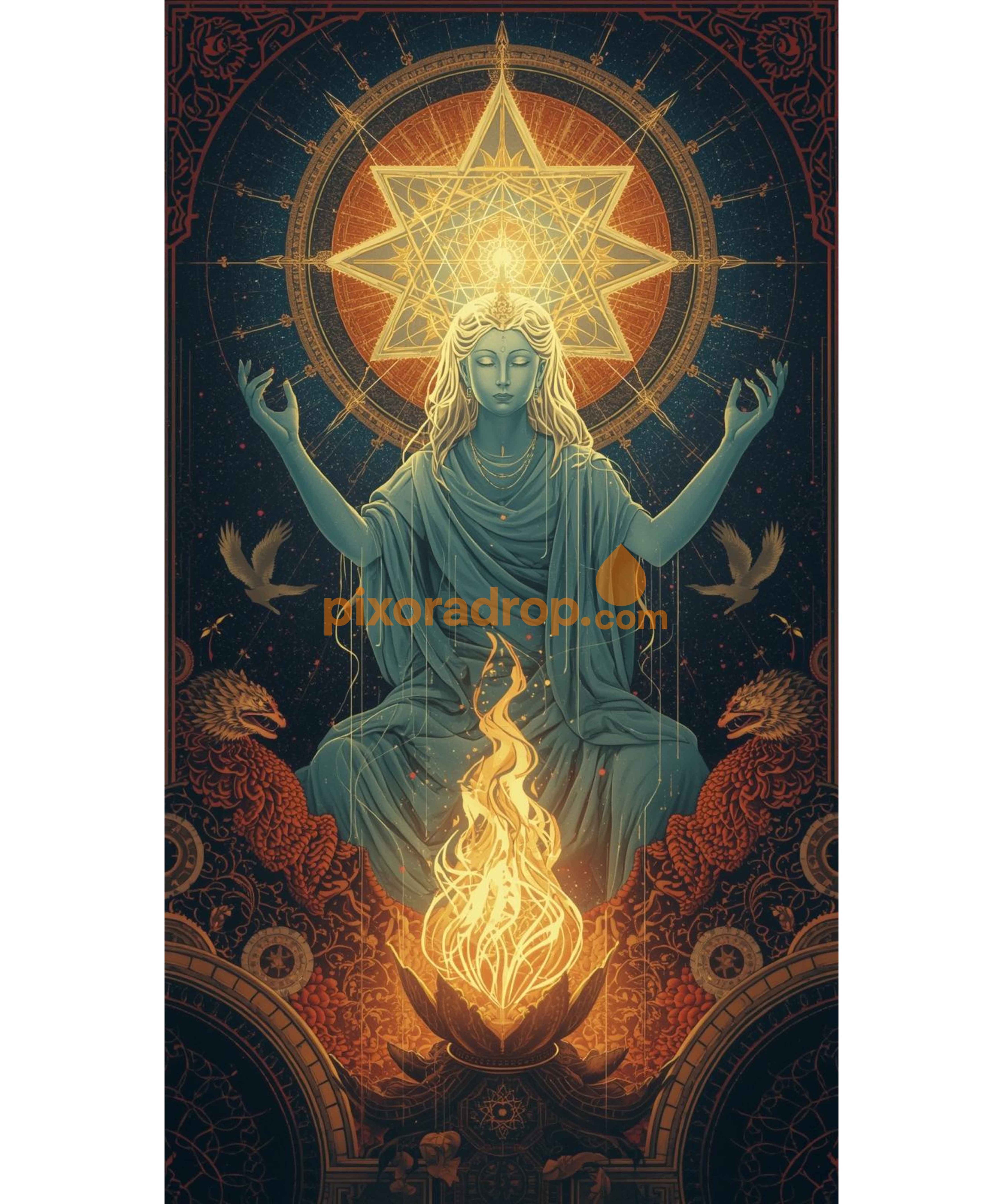 Digital art of a robed figure meditating with glowing fire and geometric star background.
