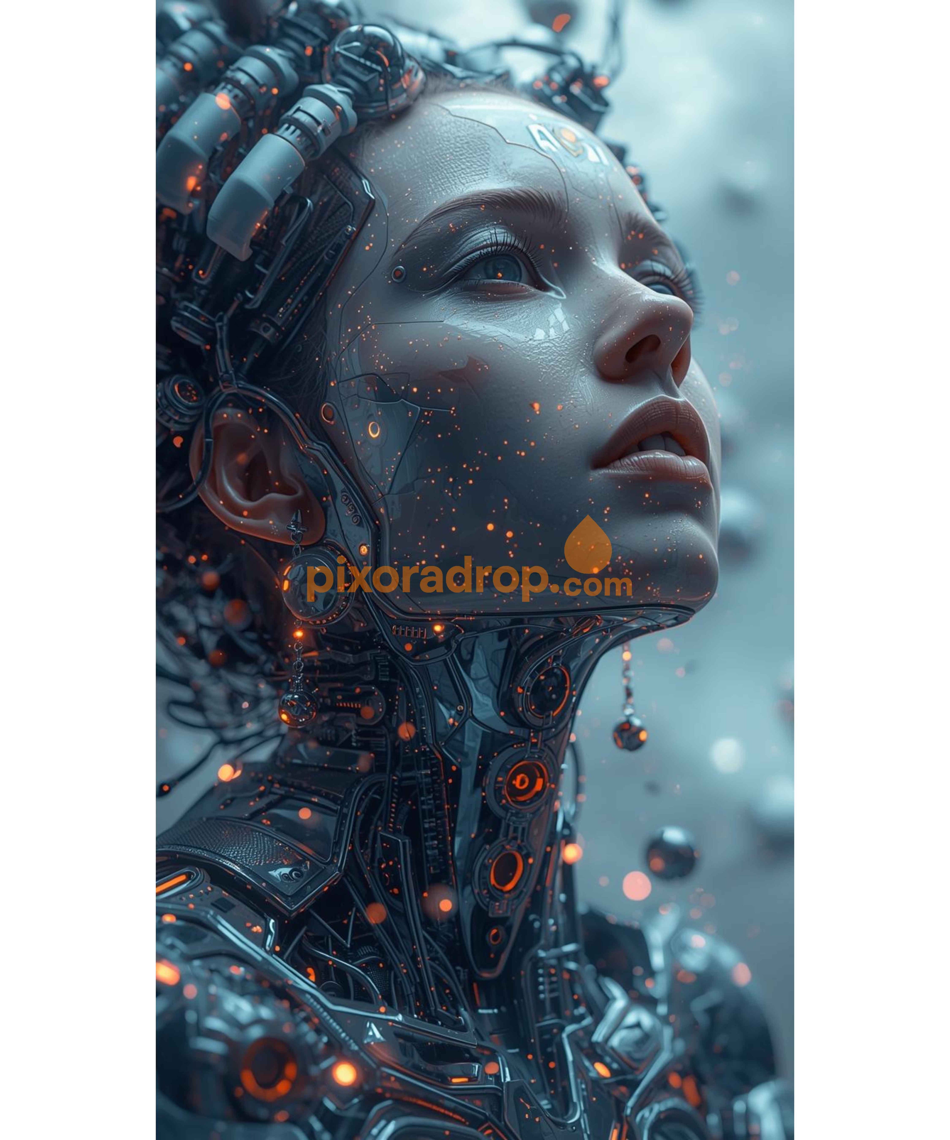 A digital art piece featuring a futuristic, robotic figure with intricate details and glowing elements.