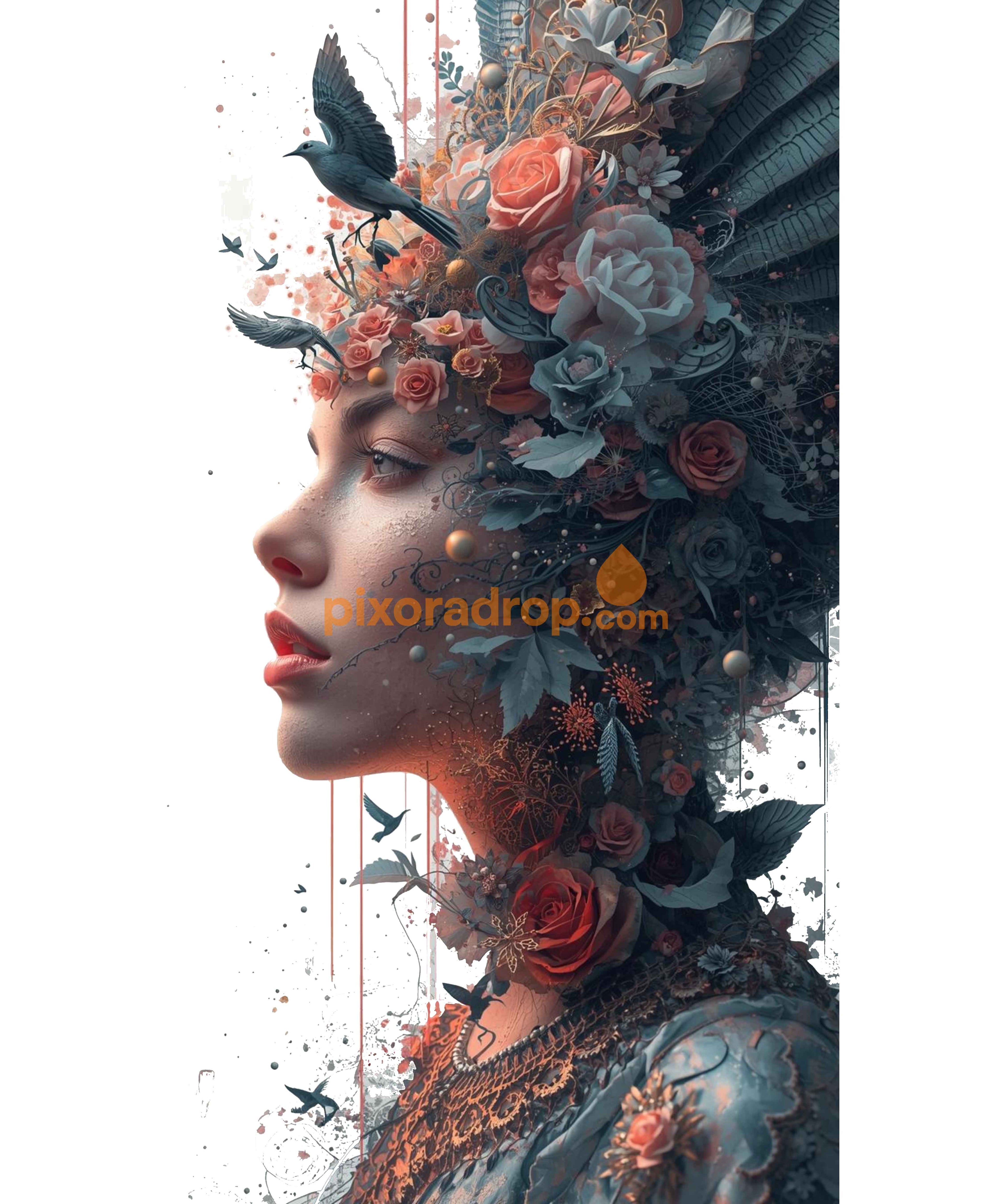 Digital art print of a detailed floral and bird composition with dark feathers and roses.