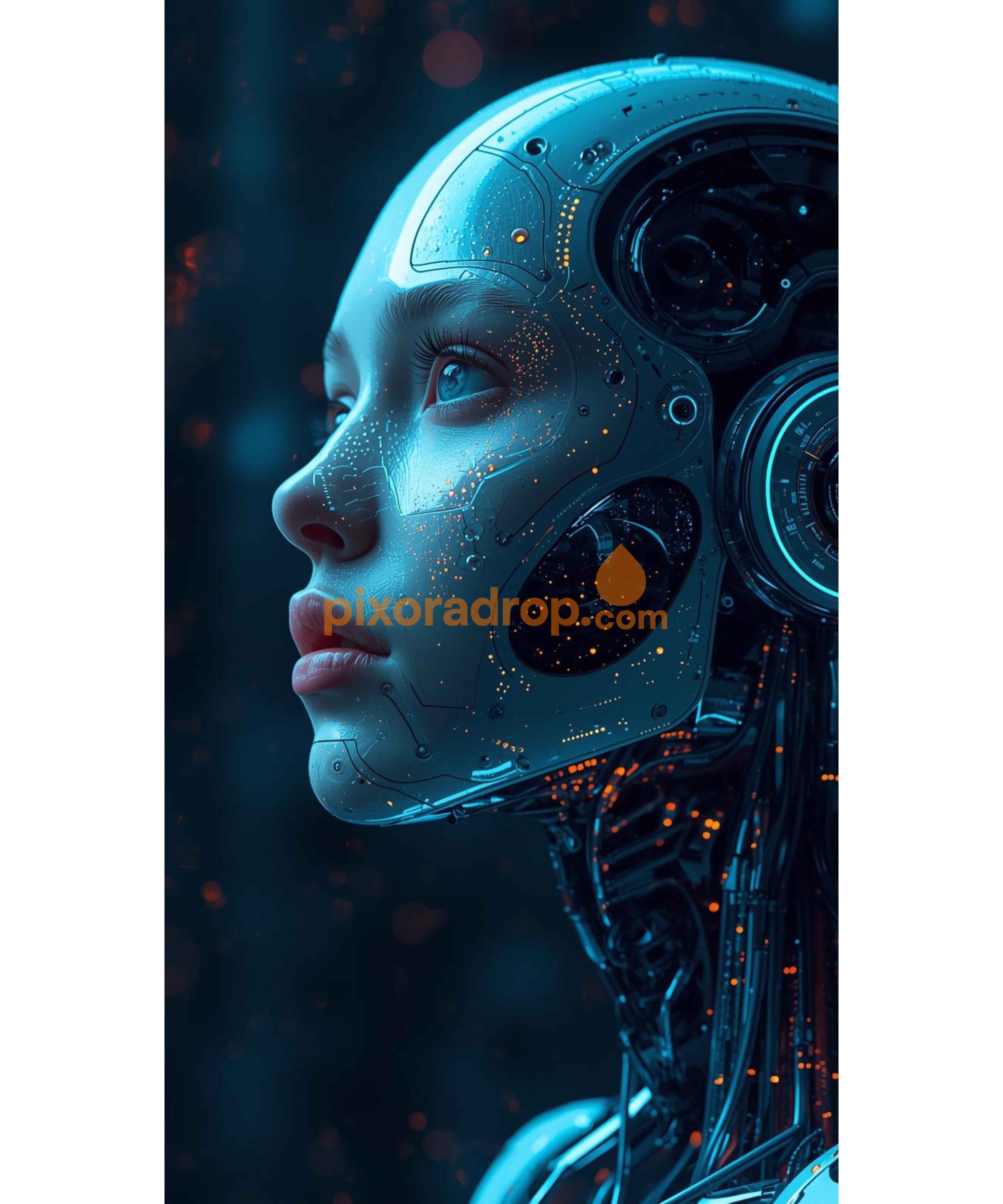 A futuristic robot head with intricate circuitry and glowing elements in a dark background.